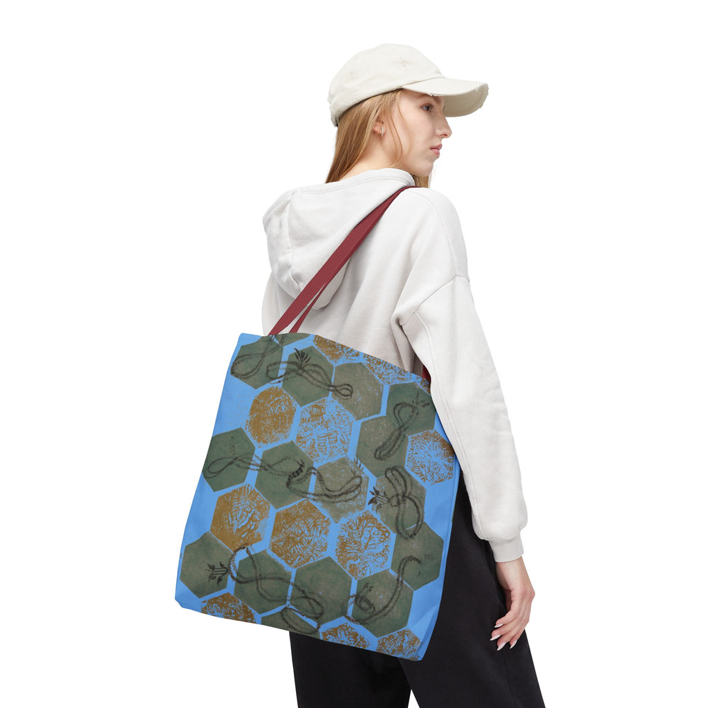 Hexagon Honeycomb Tote Bag — Blue Botanical Pattern AOP