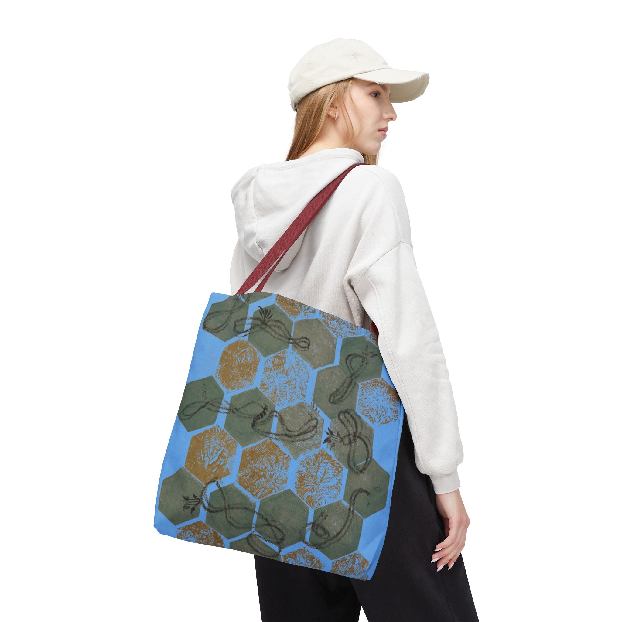 Hexagon Honeycomb Tote Bag — Blue Botanical Pattern AOP