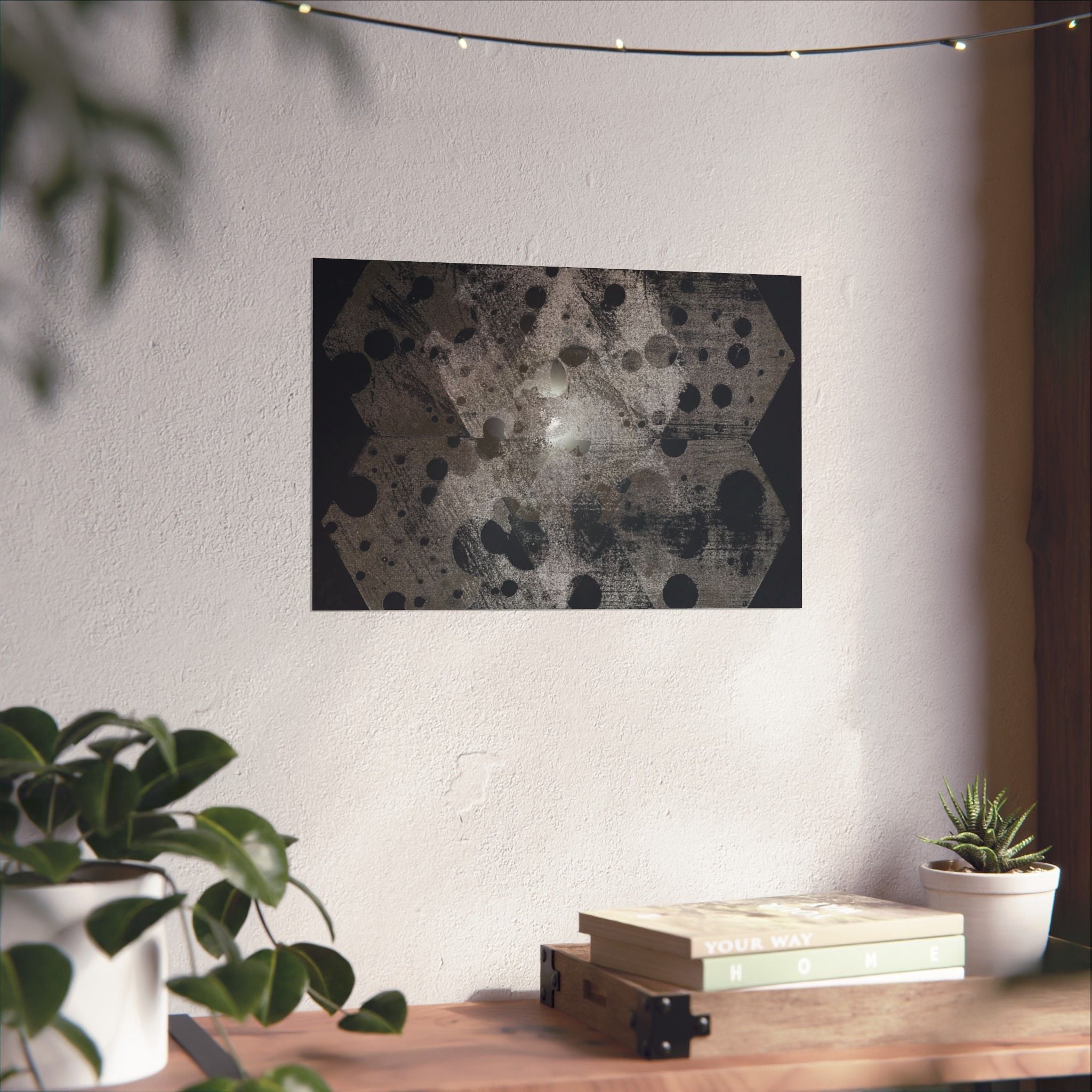 Abstracte poster met zeshoekige stippen, matte afwerking — Monochroom industrieel wanddecoratie 