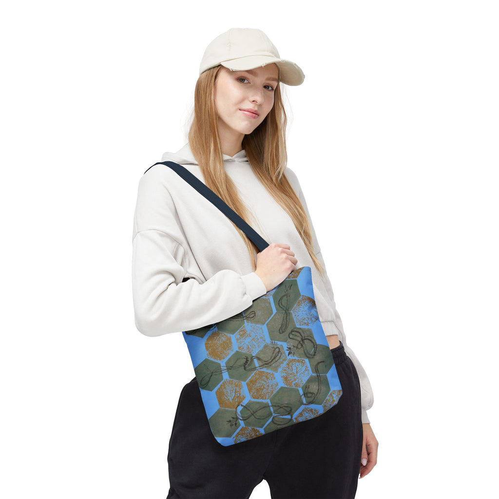 Hexagon Honeycomb Tote Bag — Blue Botanical Pattern AOP