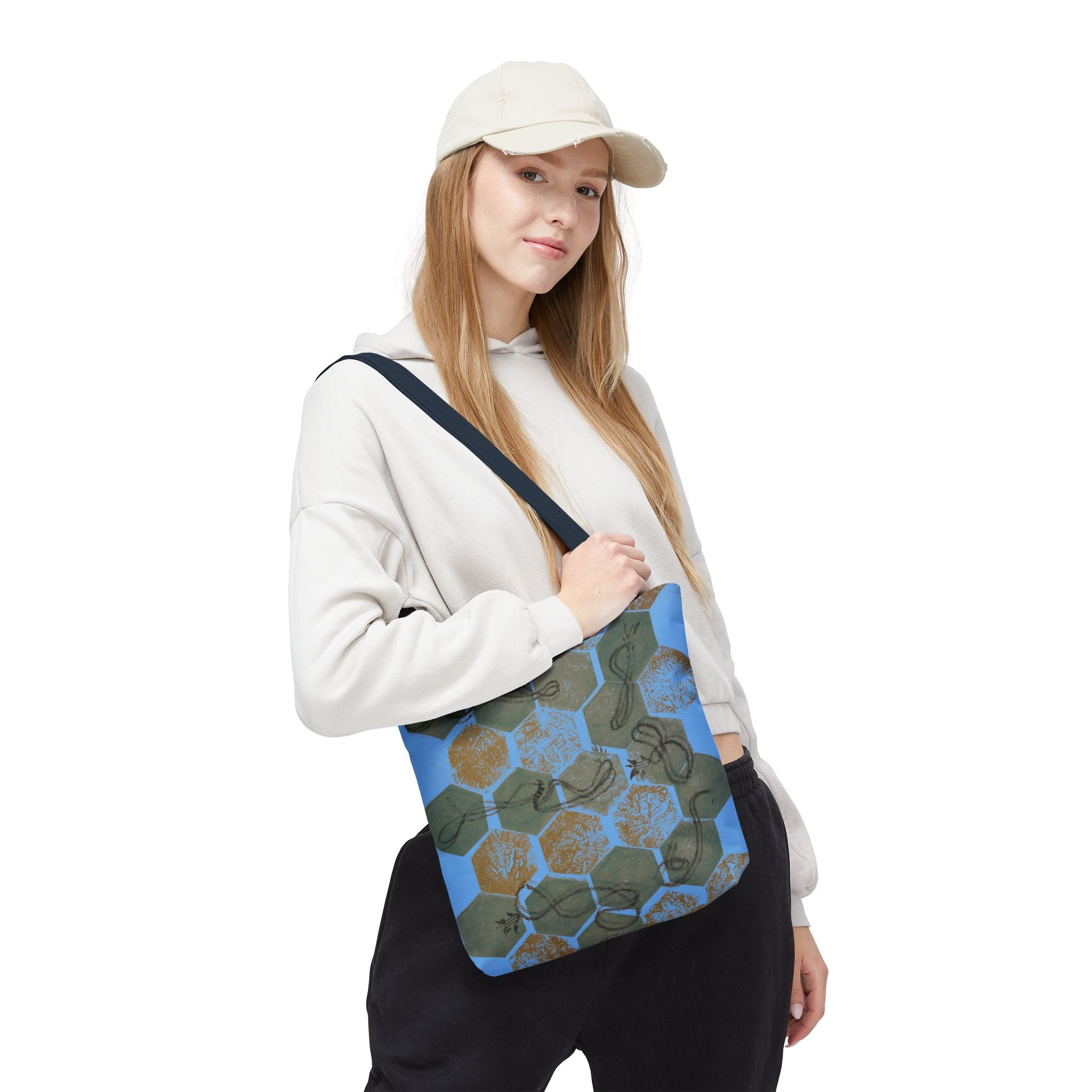 Hexagon Honeycomb Tote Bag — Blue Botanical Pattern AOP