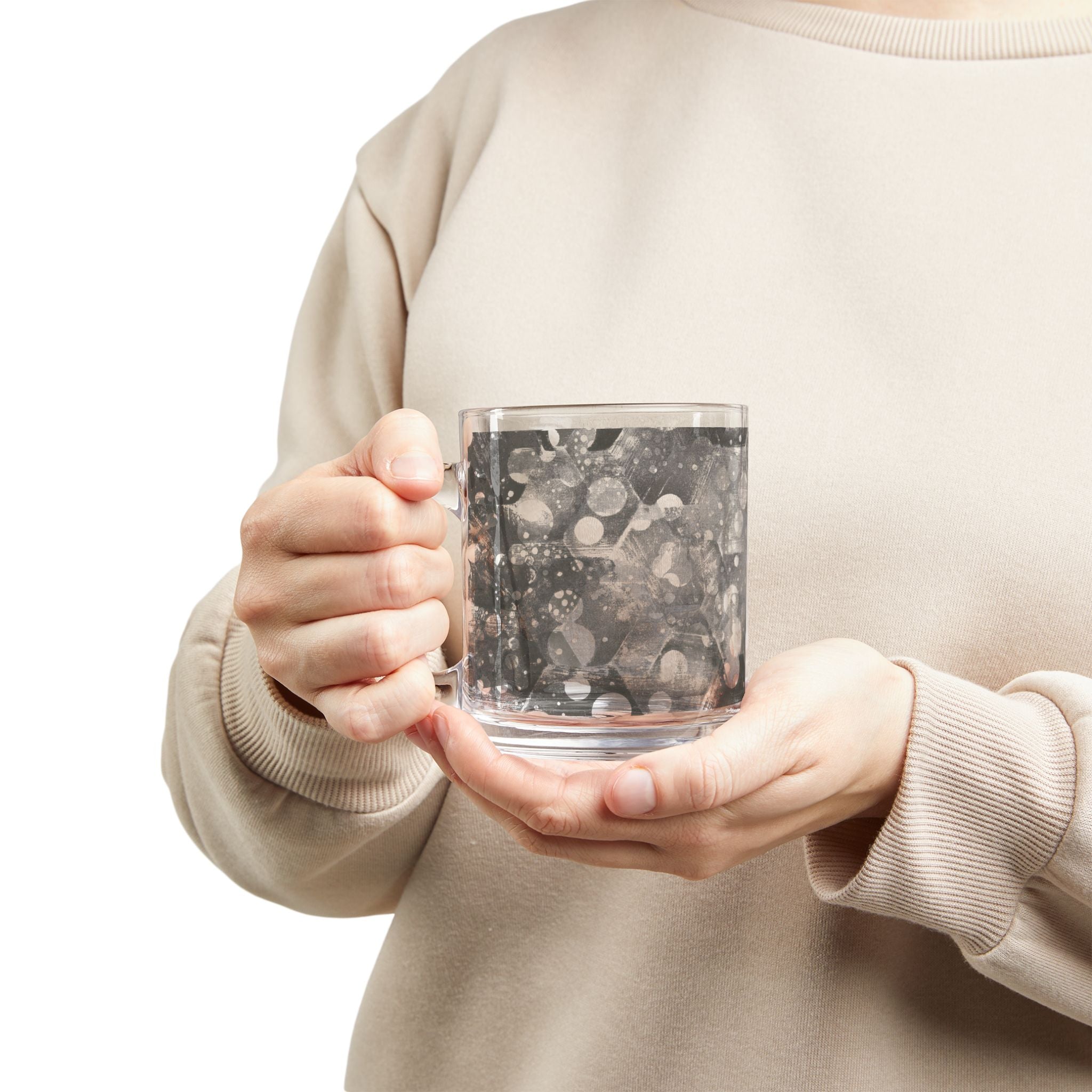 10oz Glass Mug — Black & White Abstract Hex Bubble Pattern