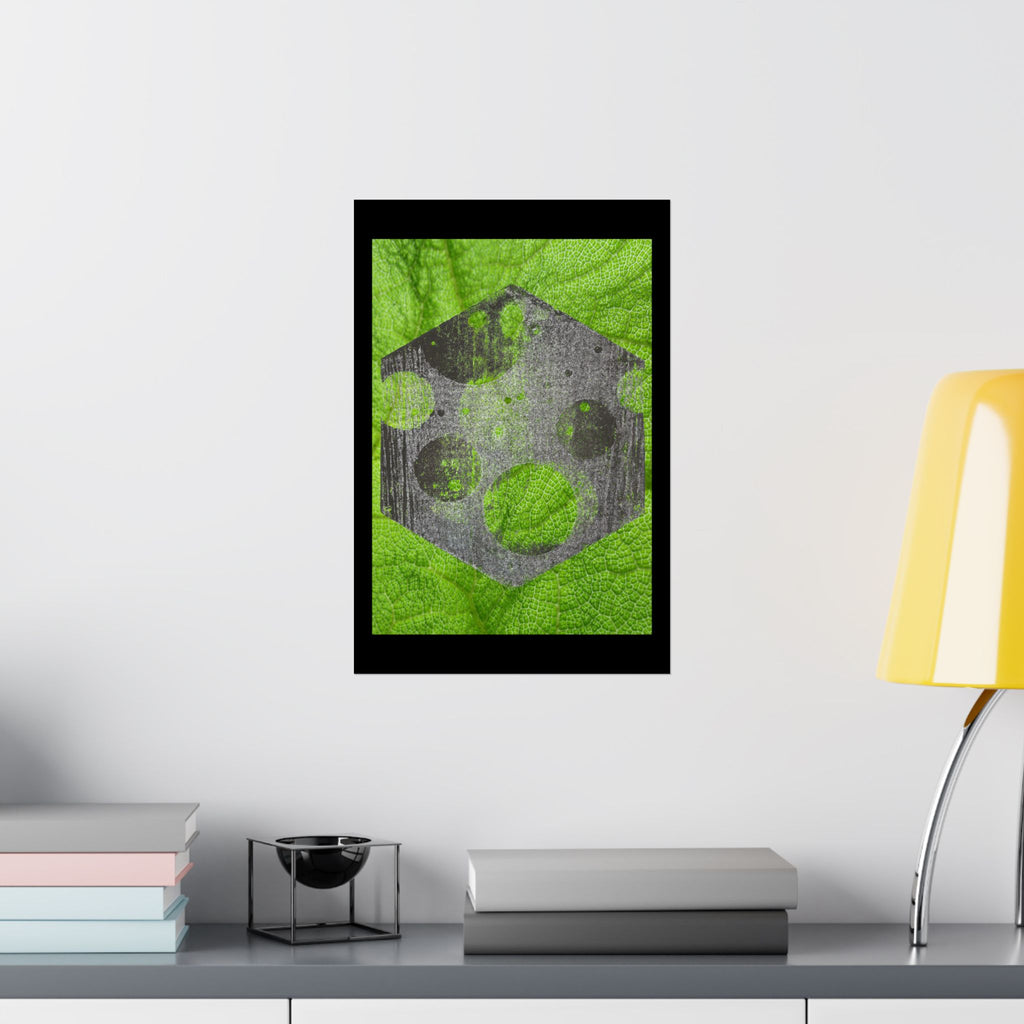Geometric Moon Hex Poster — Grunge Green Matte Vertical Art Print