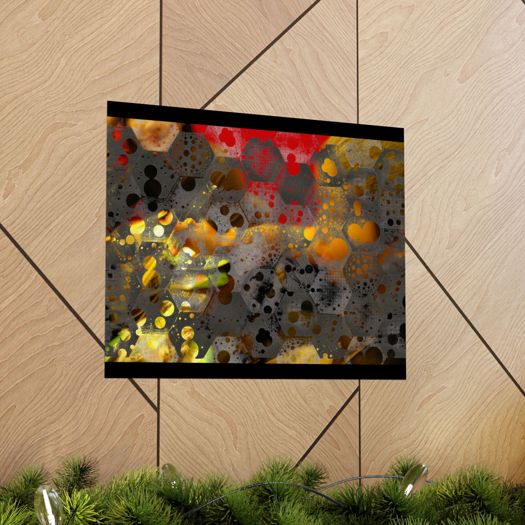 Abstracte matte poster met honingraatpatroon — Geometrische kunst in warme goud- en roesttinten 