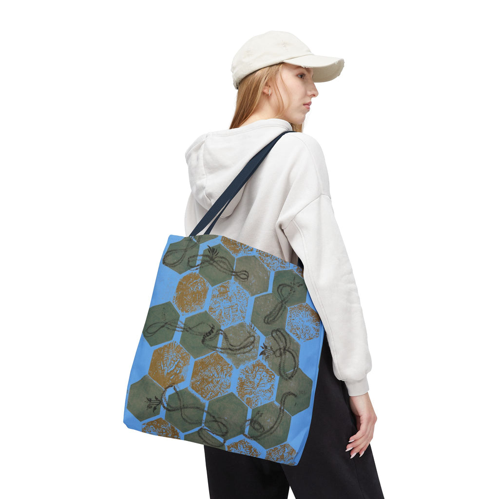 Hexagon Honeycomb Tote Bag — Blue Botanical Pattern AOP