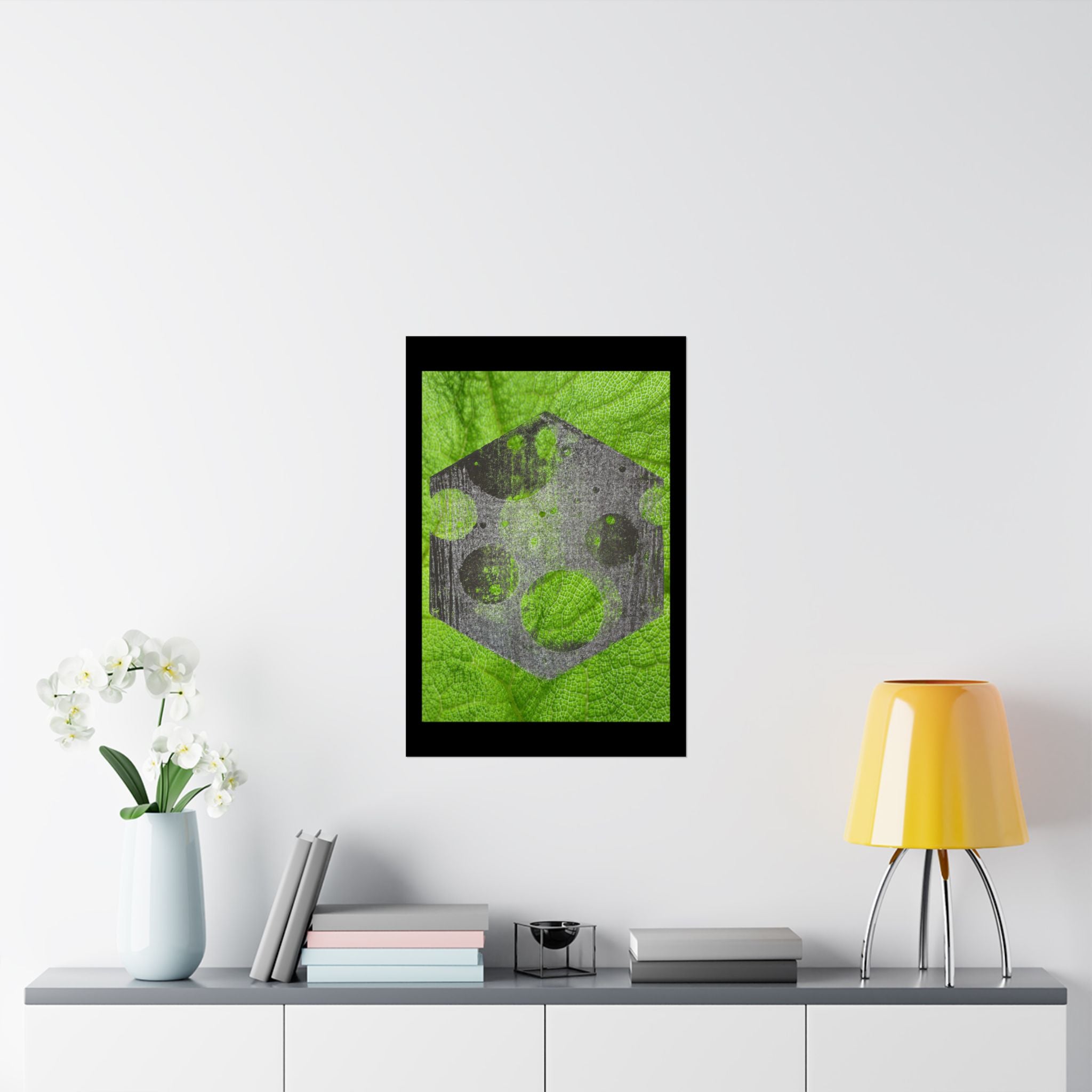 Geometric Moon Hex Poster — Grunge Green Matte Vertical Art Print