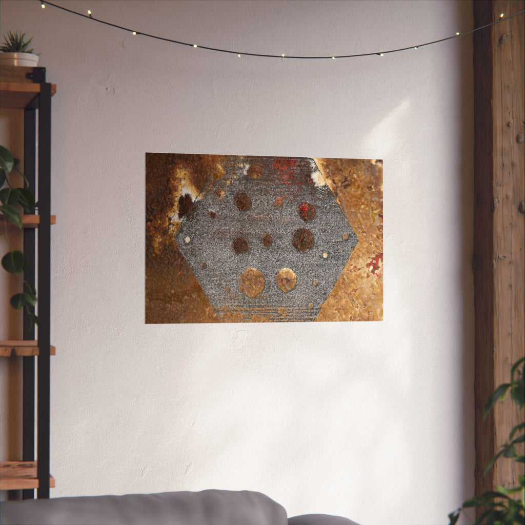 Abstracte roestkleurige zeshoekige matte horizontale poster — Industriële wanddecoratie voor thuis, kantoor en loft. 