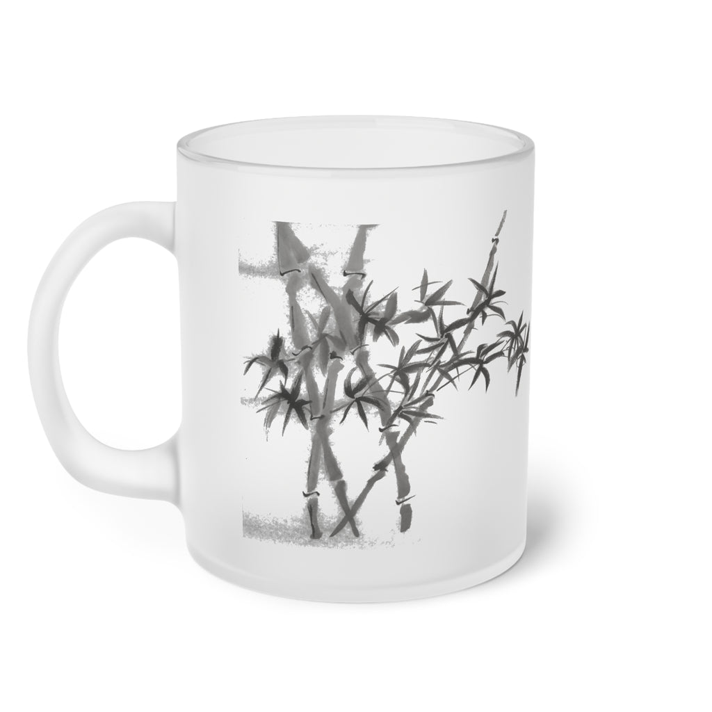 Mok van mat glas — Minimalistische koffiekop met bamboe-inktkunst 