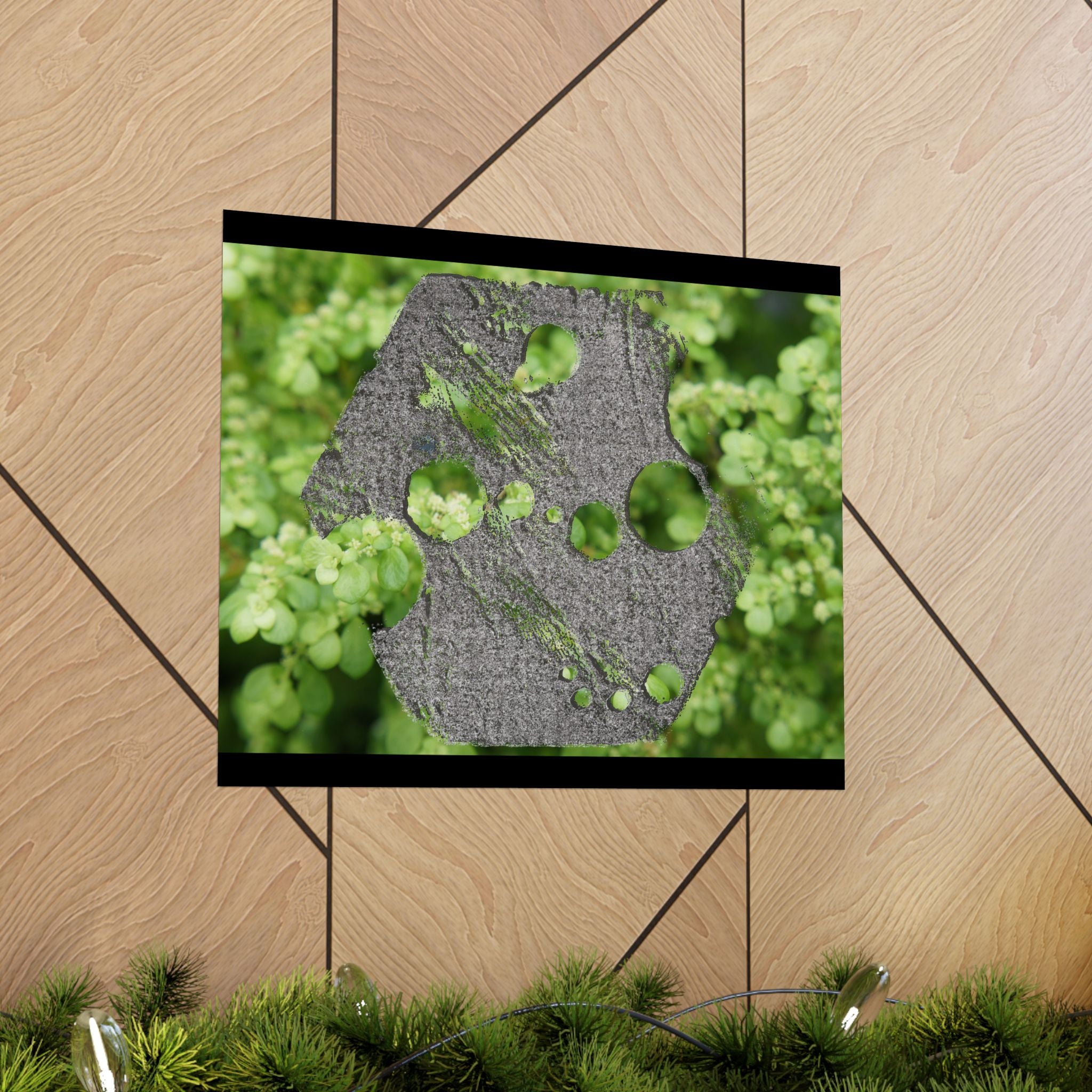 Abstracte poster met groen mos en verweerd metaal (mat) — Botanische natuur muurdecoratie (horizontaal) 