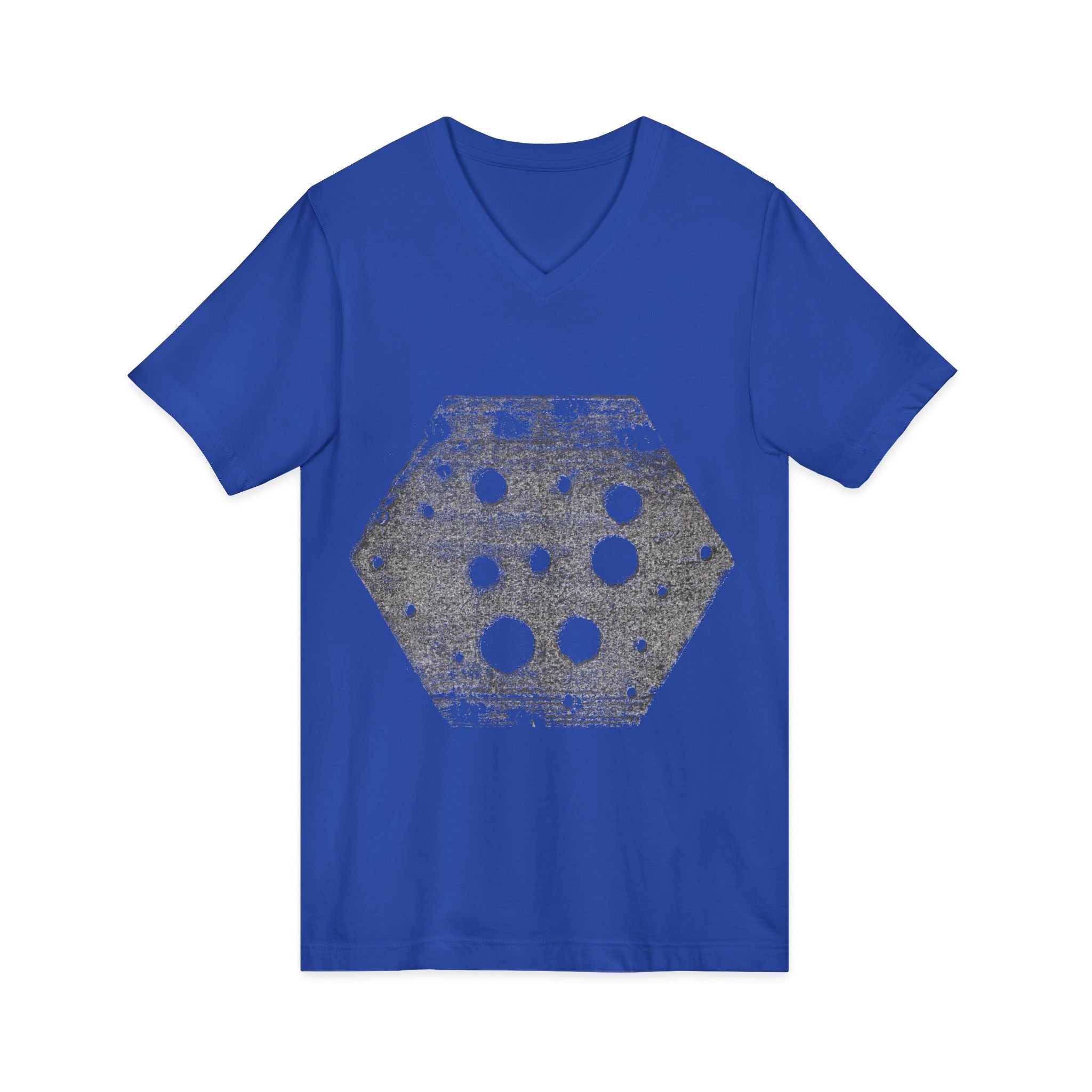 Hex Moon Graphic Tee Design Hex11 — Een vintage T-shirt met V-hals en een verweerde Space Cheese-look, geïnspireerd op astronomie.