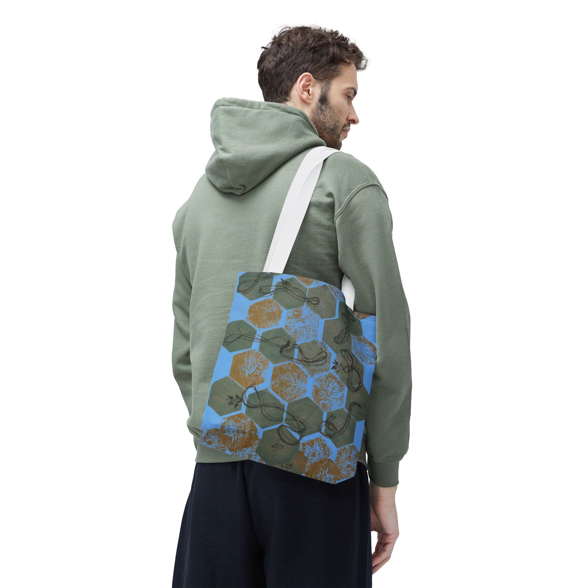Hexagon Honeycomb Tote Bag — Blue Botanical Pattern AOP