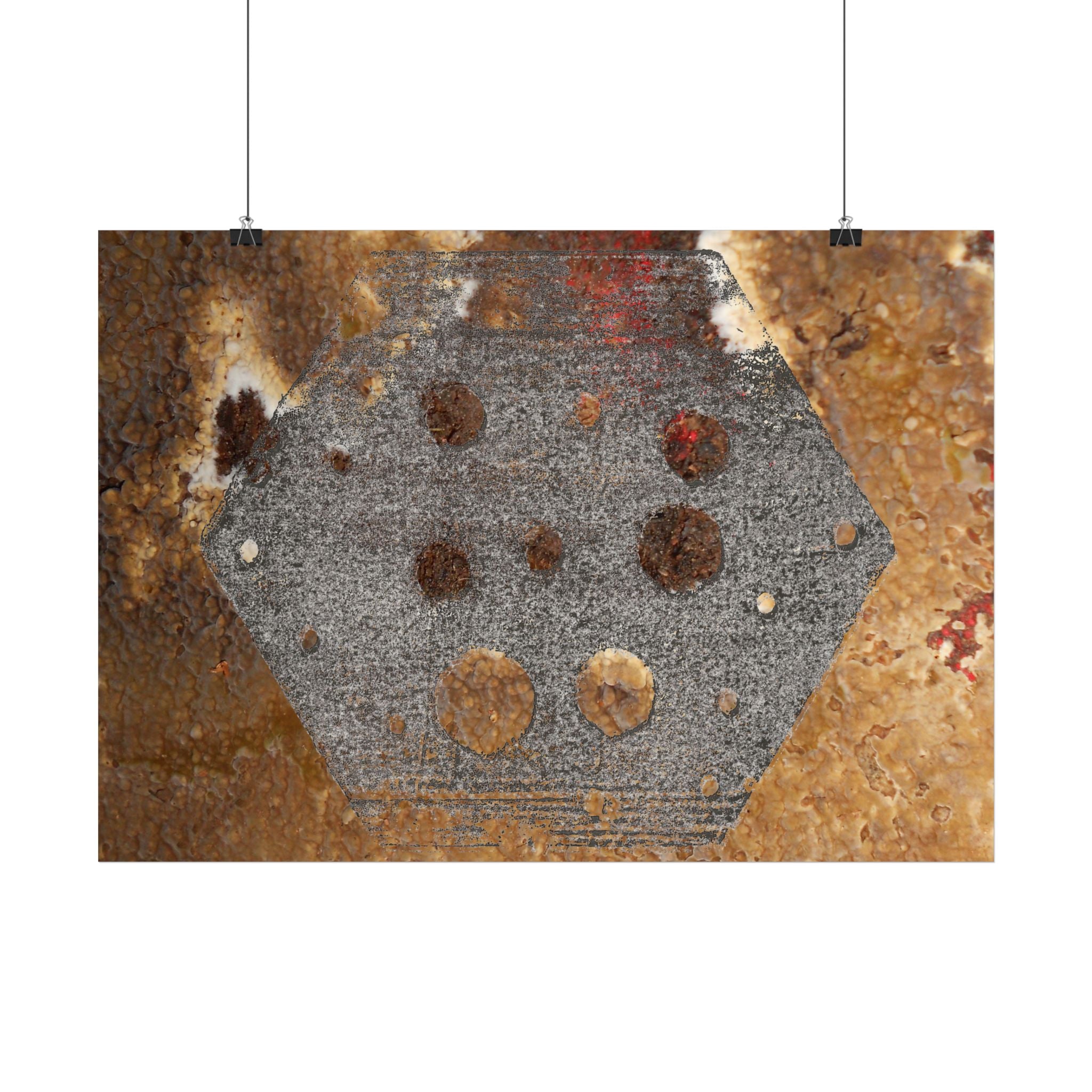 Abstracte roestkleurige zeshoek horizontale poster — Industriële wanddecoratie voor thuis, kantoor en loft. 