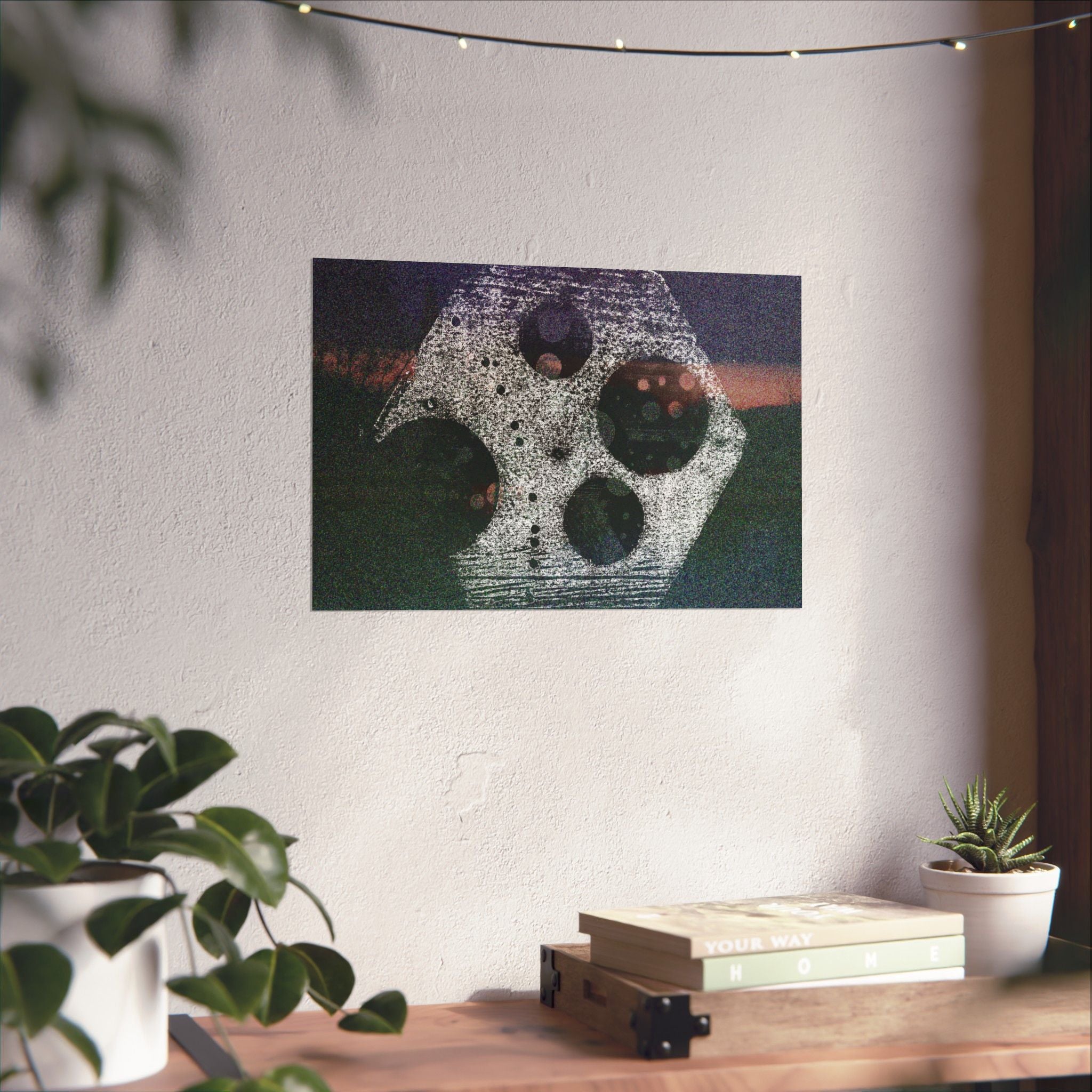 Abstract Cosmic Hex Matte Poster — Surreal Moon & Film Reel Wall Art