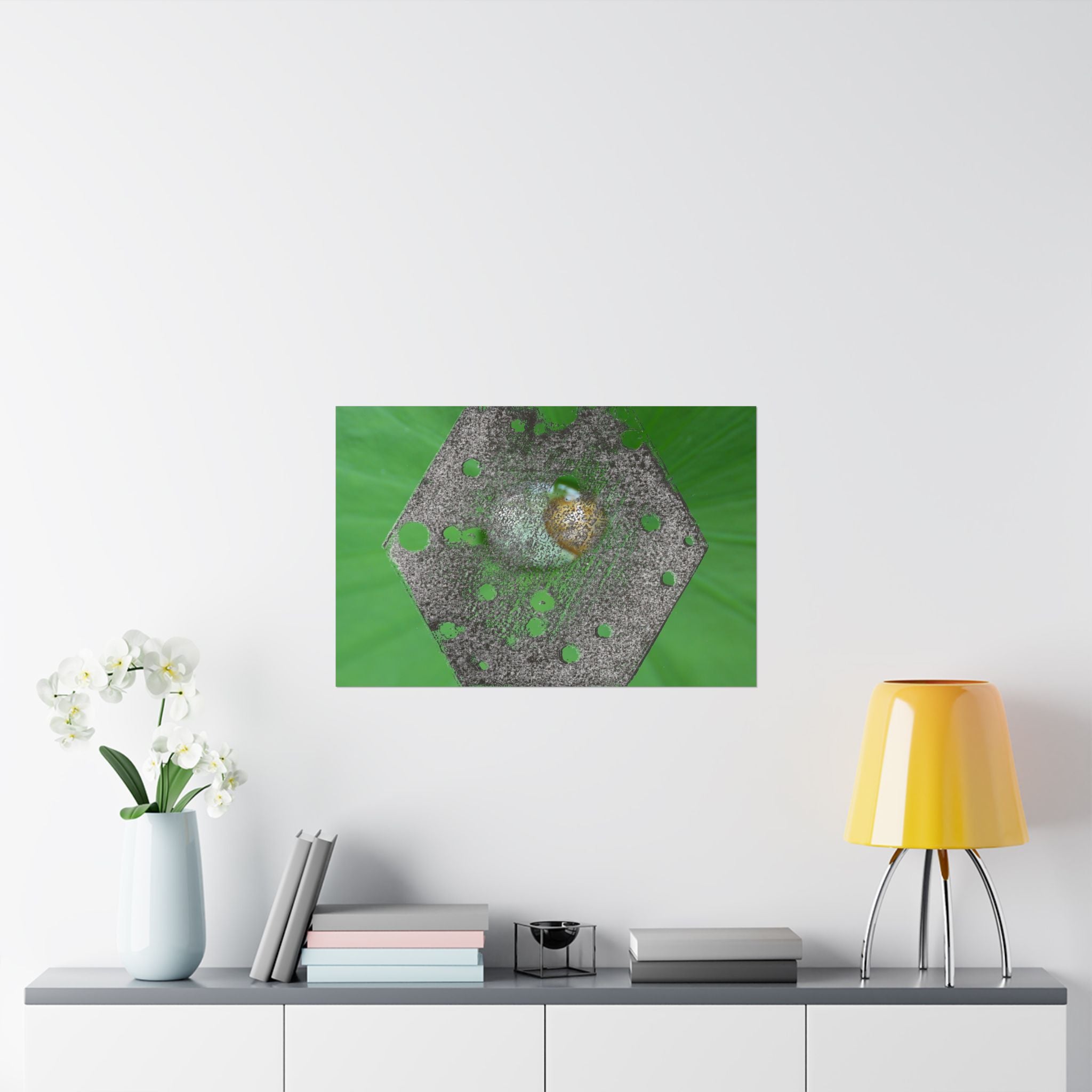 Abstracte zeshoekige metalen textuurposter | Matte horizontale poster, groene organische achtergrond 
