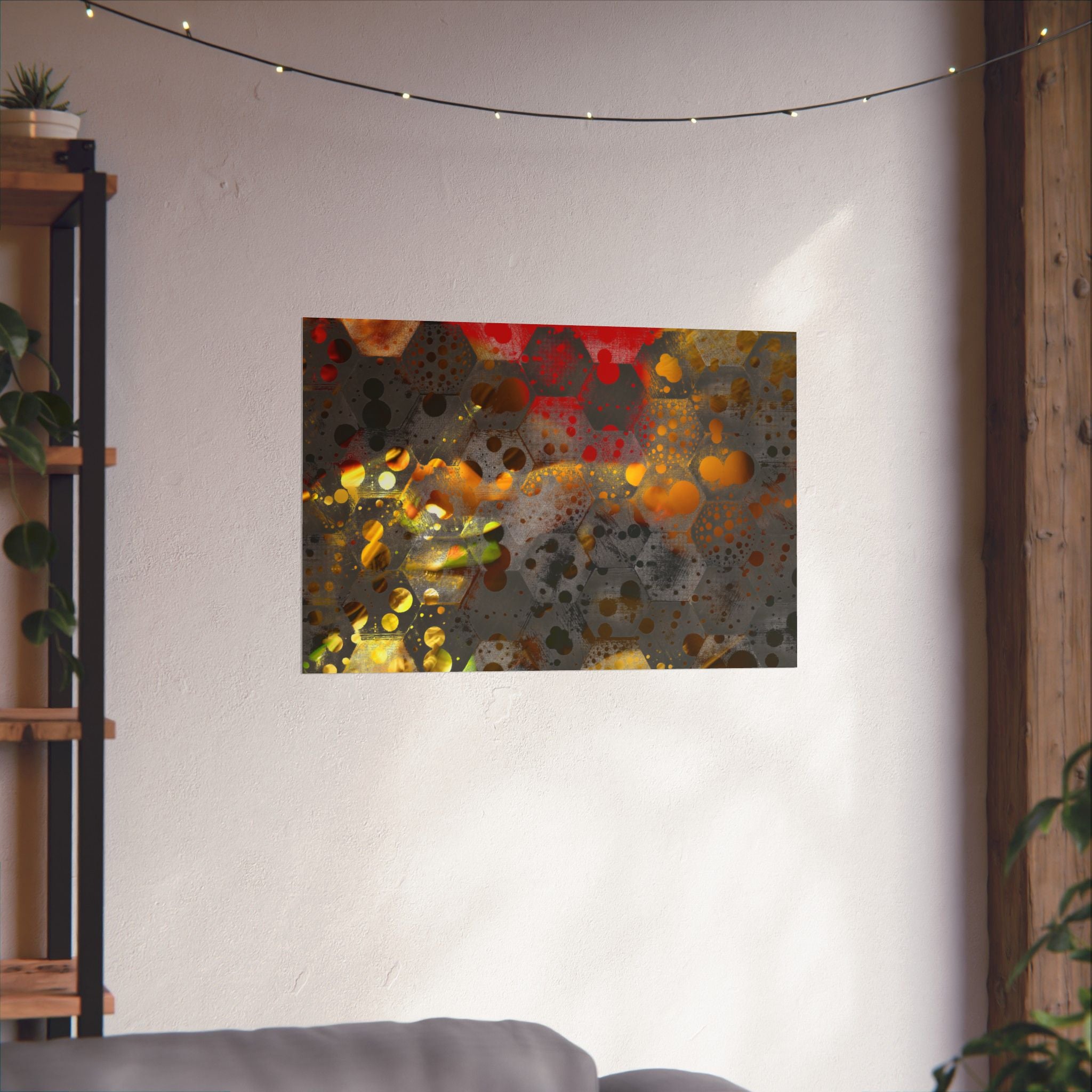 Abstracte matte poster met honingraatpatroon — Geometrische kunst in warme goud- en roesttinten 