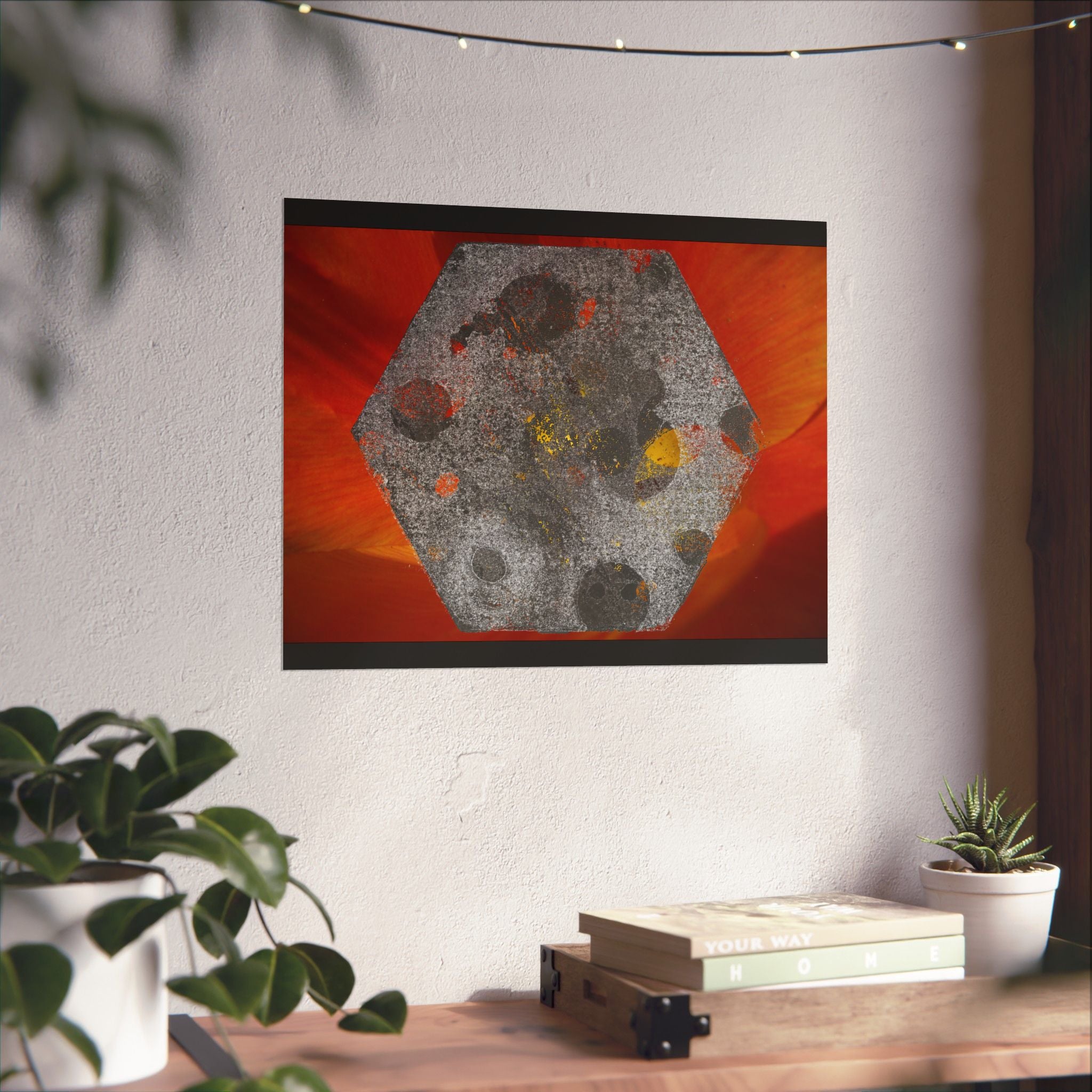 Abstract Hexagon Art Poster — Red Orange Matte Horizontal Print