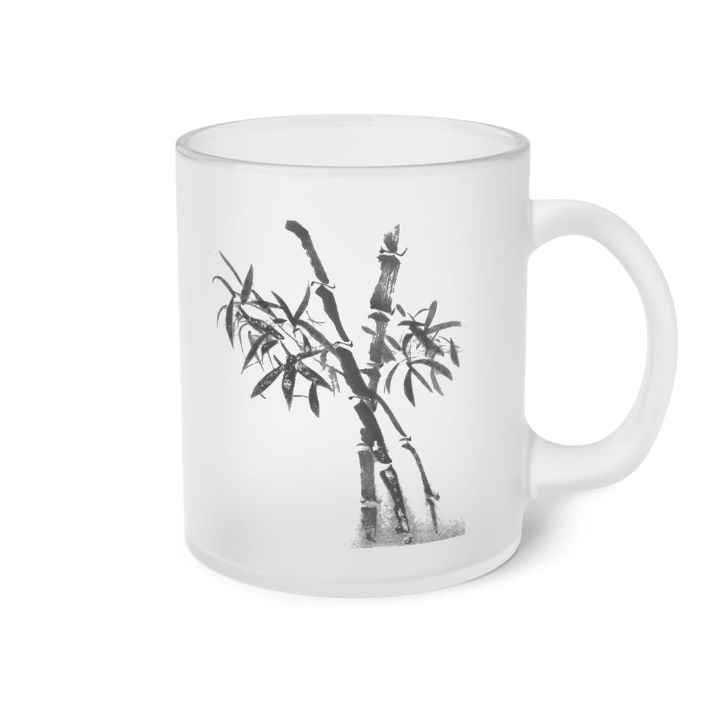Mok van mat glas — Minimalistische koffiekop met bamboe-inktkunst 