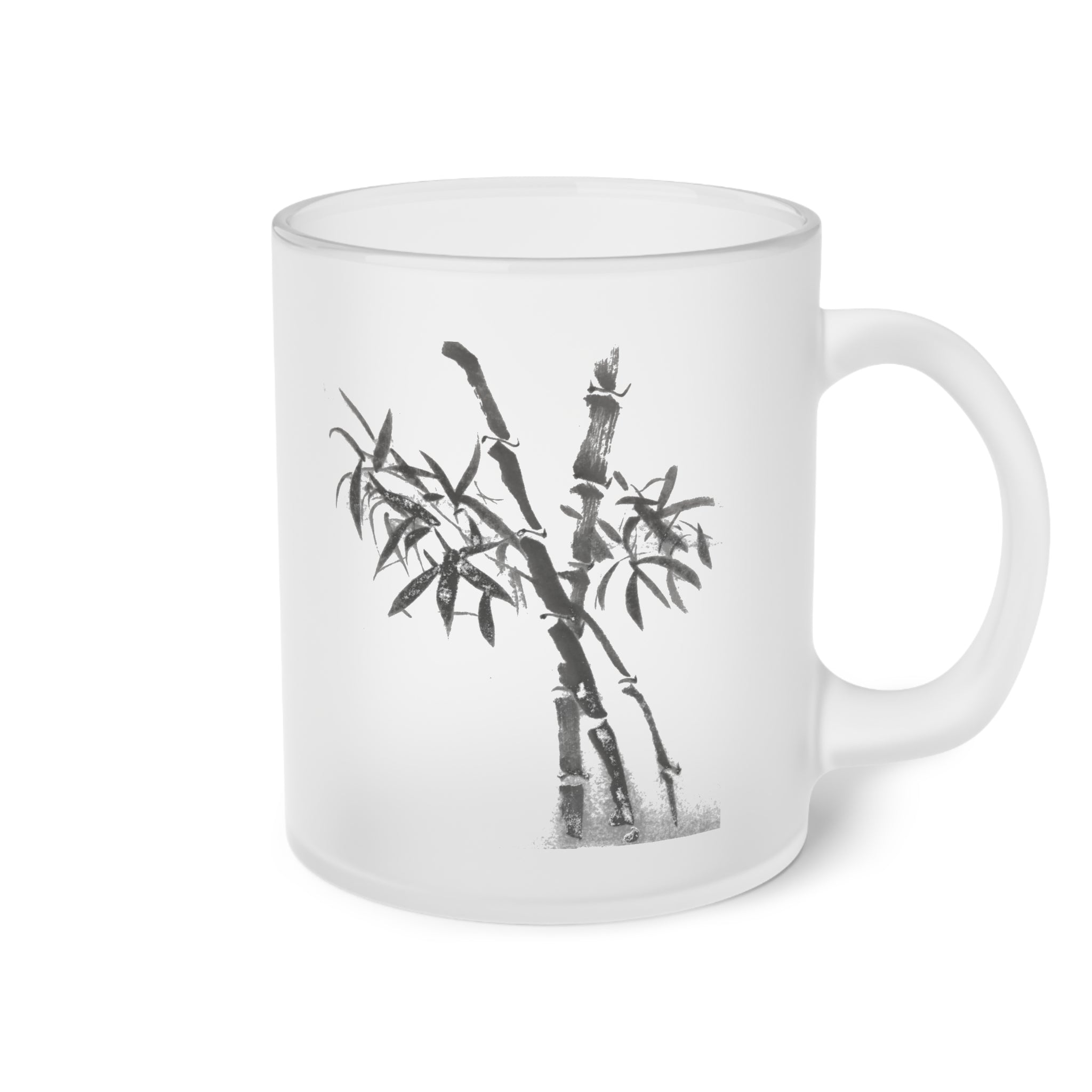 Frosted Glass Mug — Minimal Bamboo Ink Art Coffee Cup