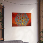 Abstracte matte poster met zeshoekig gatenpatroon | Oranje bloemenachtergrond 