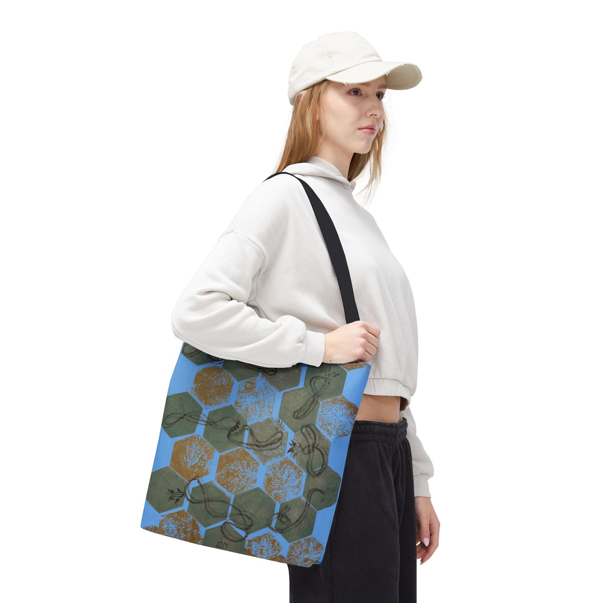 Hexagon Honeycomb Tote Bag — Blue Botanical Pattern AOP