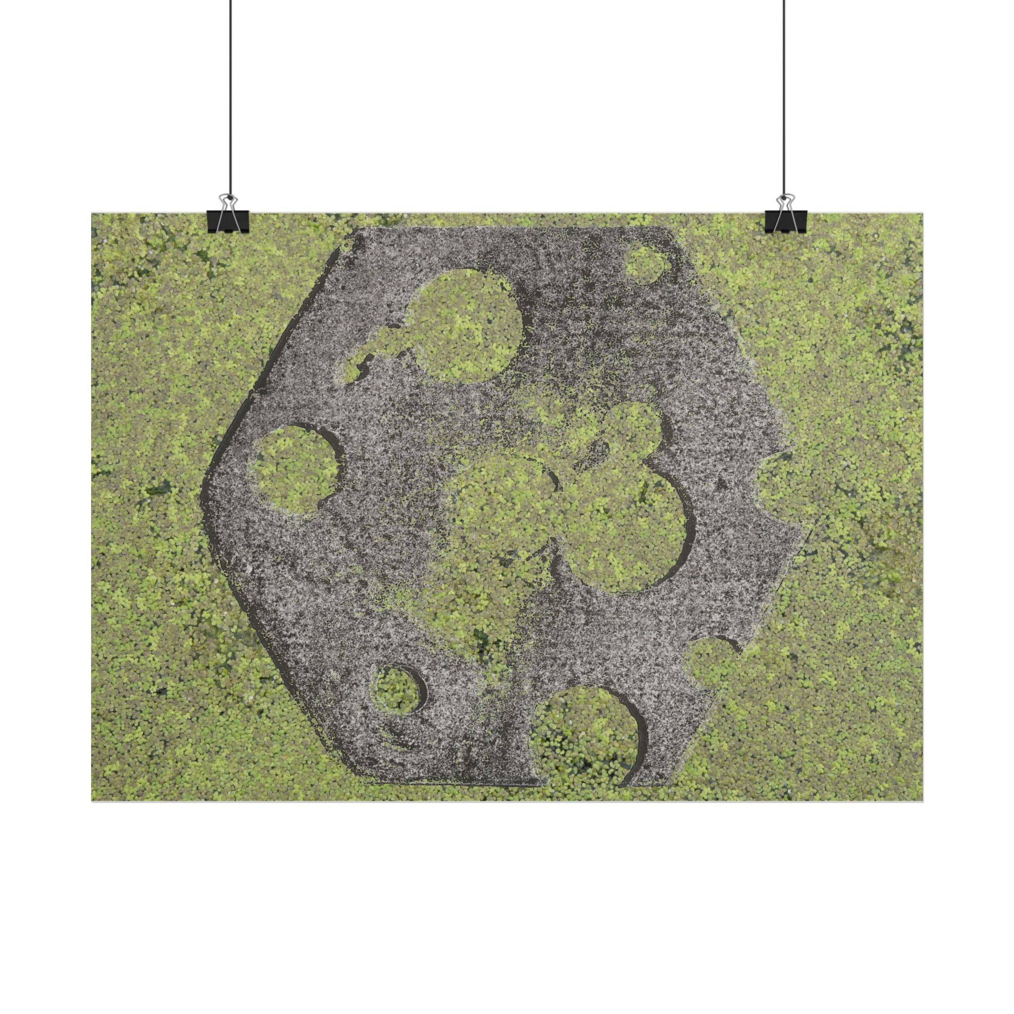 Poster met mosbegroeide maankrater (horizontaal) — Botanische groene maanwanddecoratie 