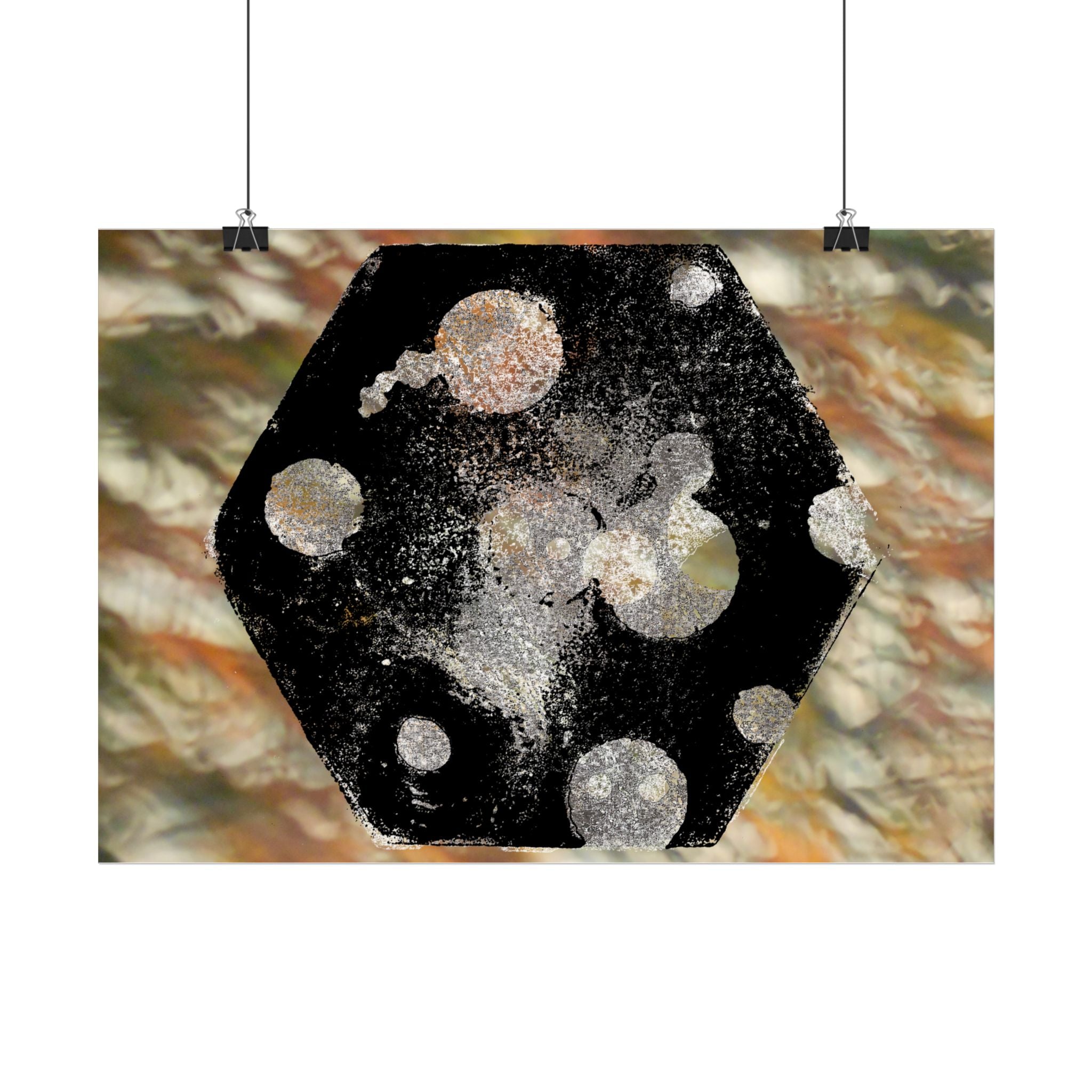 Abstracte kosmische zeshoek matte poster — Planetaire stippen muurdecoratie 