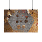 Abstracte roestkleurige zeshoekige matte horizontale poster — Industriële wanddecoratie voor thuis, kantoor en loft. 