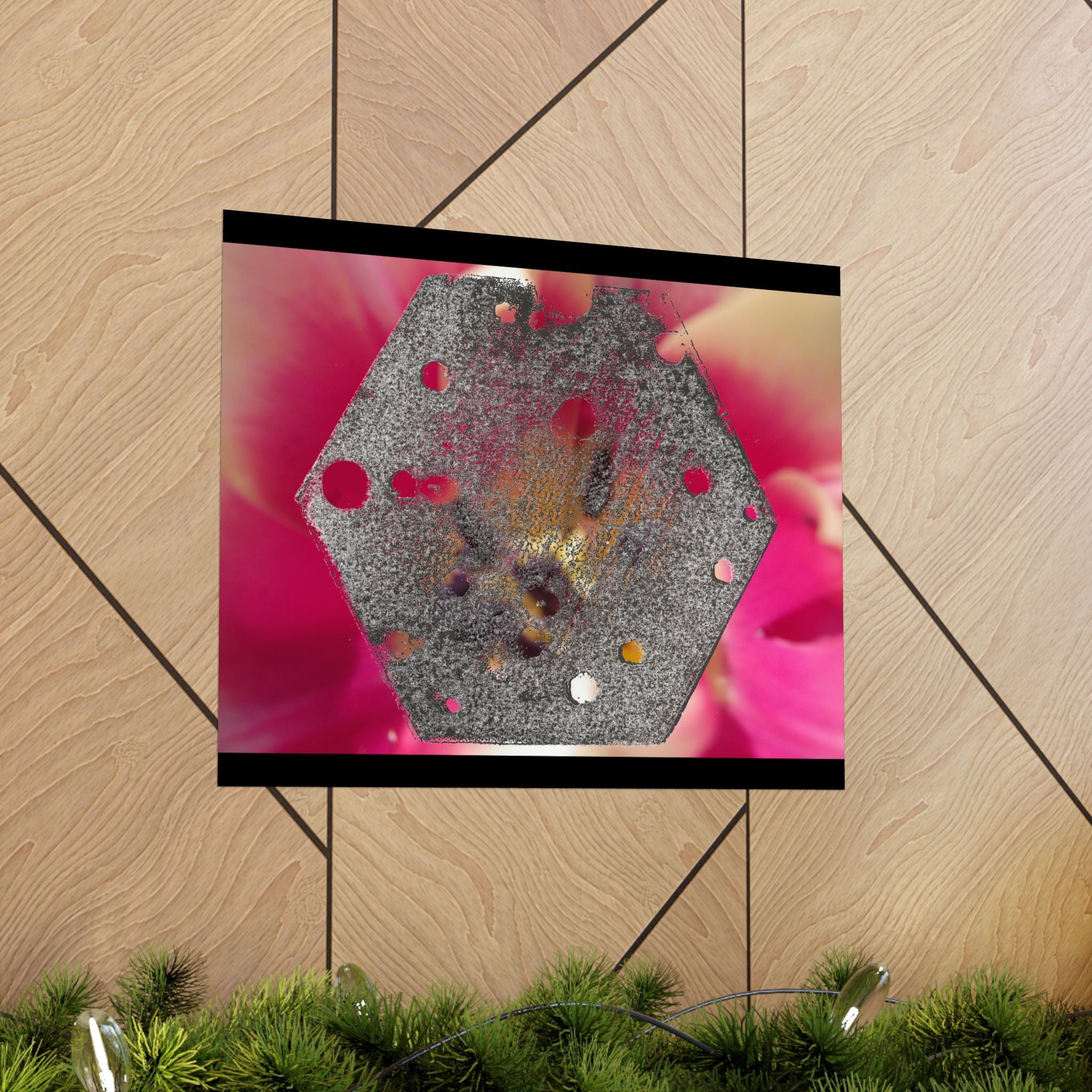 Hexagonale metalen textuurposter | Matte horizontale wanddecoratie, abstracte bloemenachtergrond 