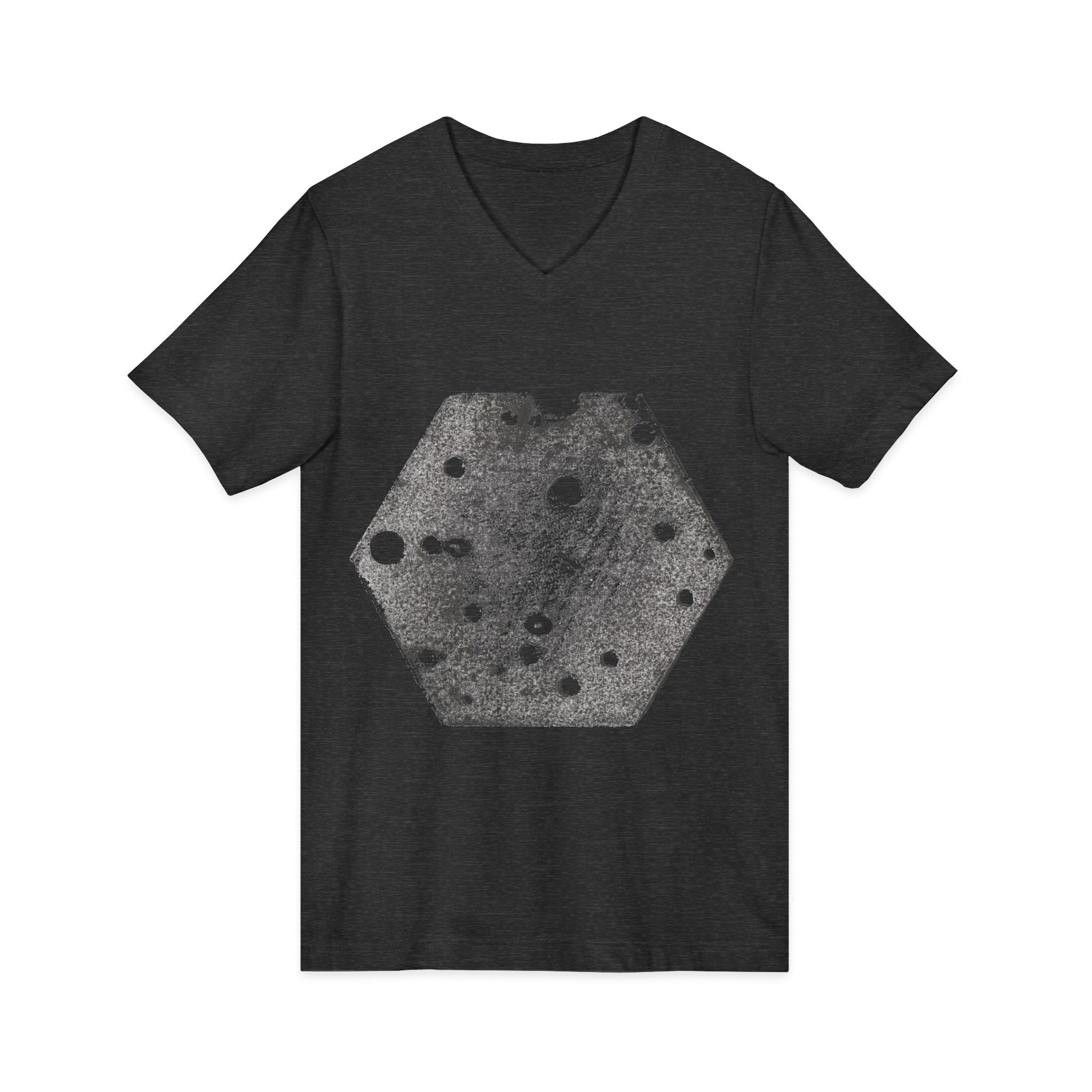 Hex Moon Graphic Tee Design Hex05 — Een vintage T-shirt met V-hals en ruimtekaasmotief, geïnspireerd op astronomie.