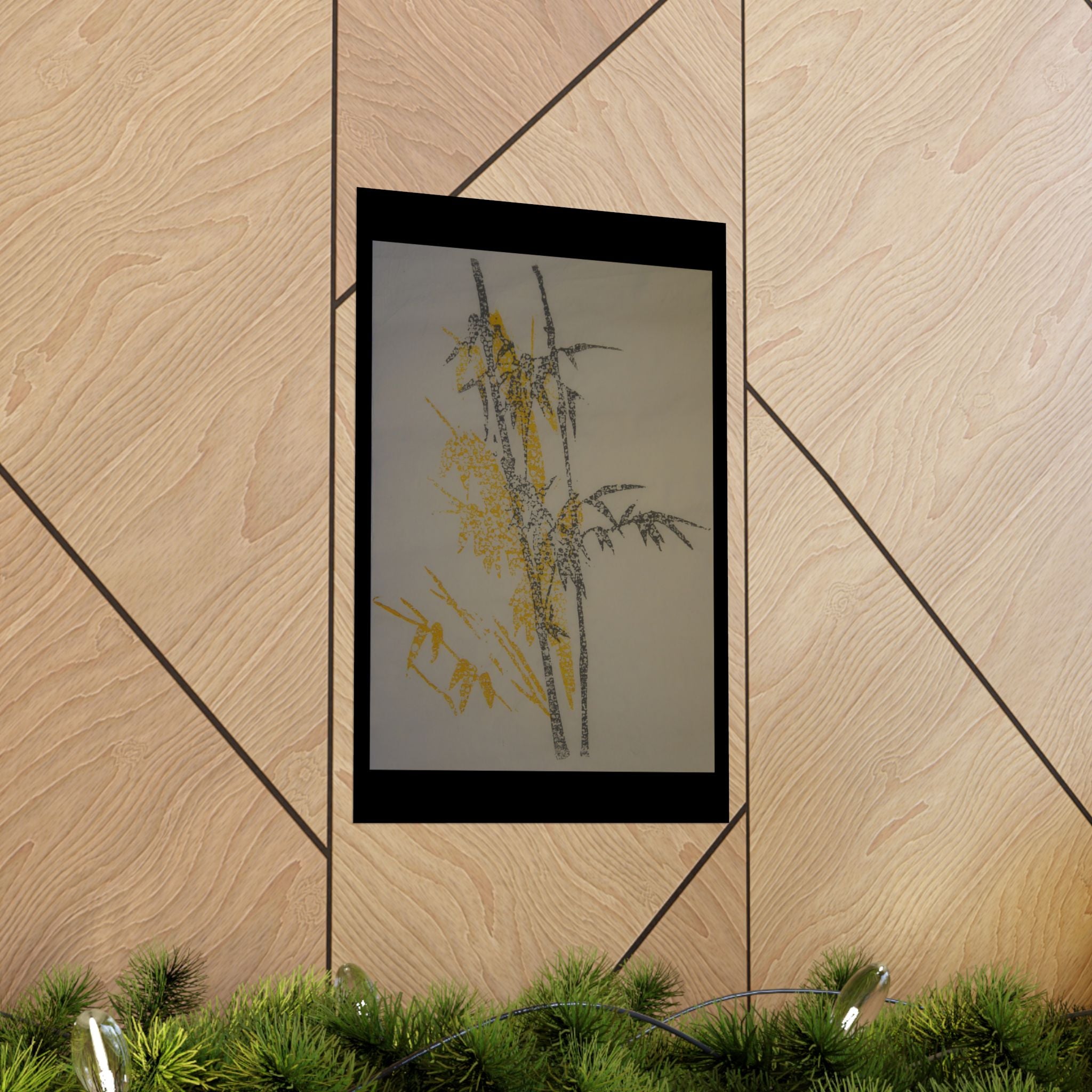 Botanical Bamboo Art Poster — Minimalist Yellow & Gray Matte Vertical Print