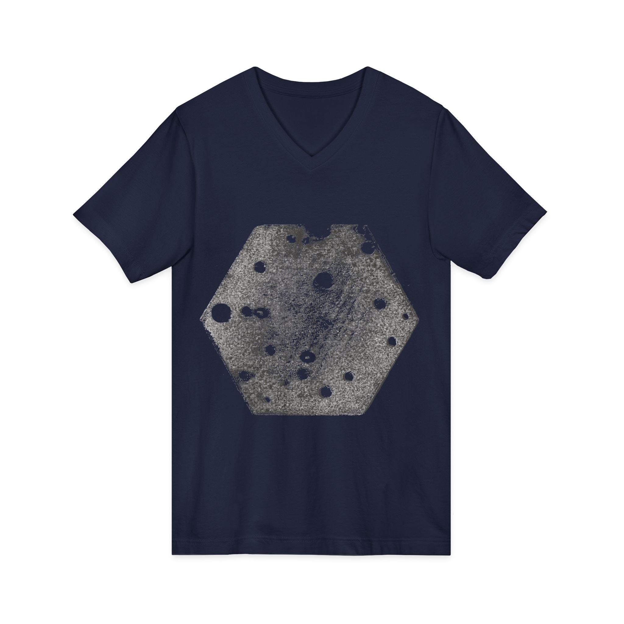Hex Moon Graphic Tee Design Hex05 — Een vintage T-shirt met V-hals en ruimtekaasmotief, geïnspireerd op astronomie.
