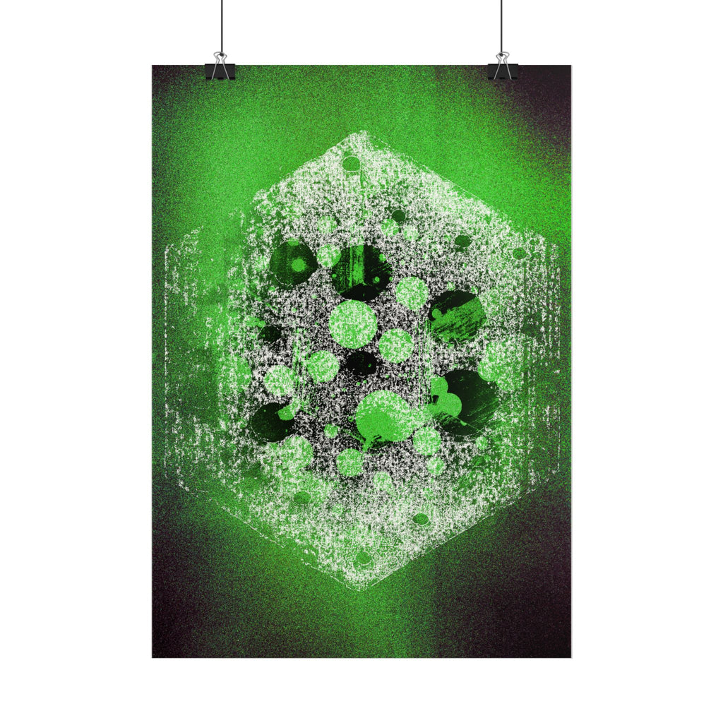 Abstracte poster met groene zeshoek — Neon geometrische kunst, matte verticale print 