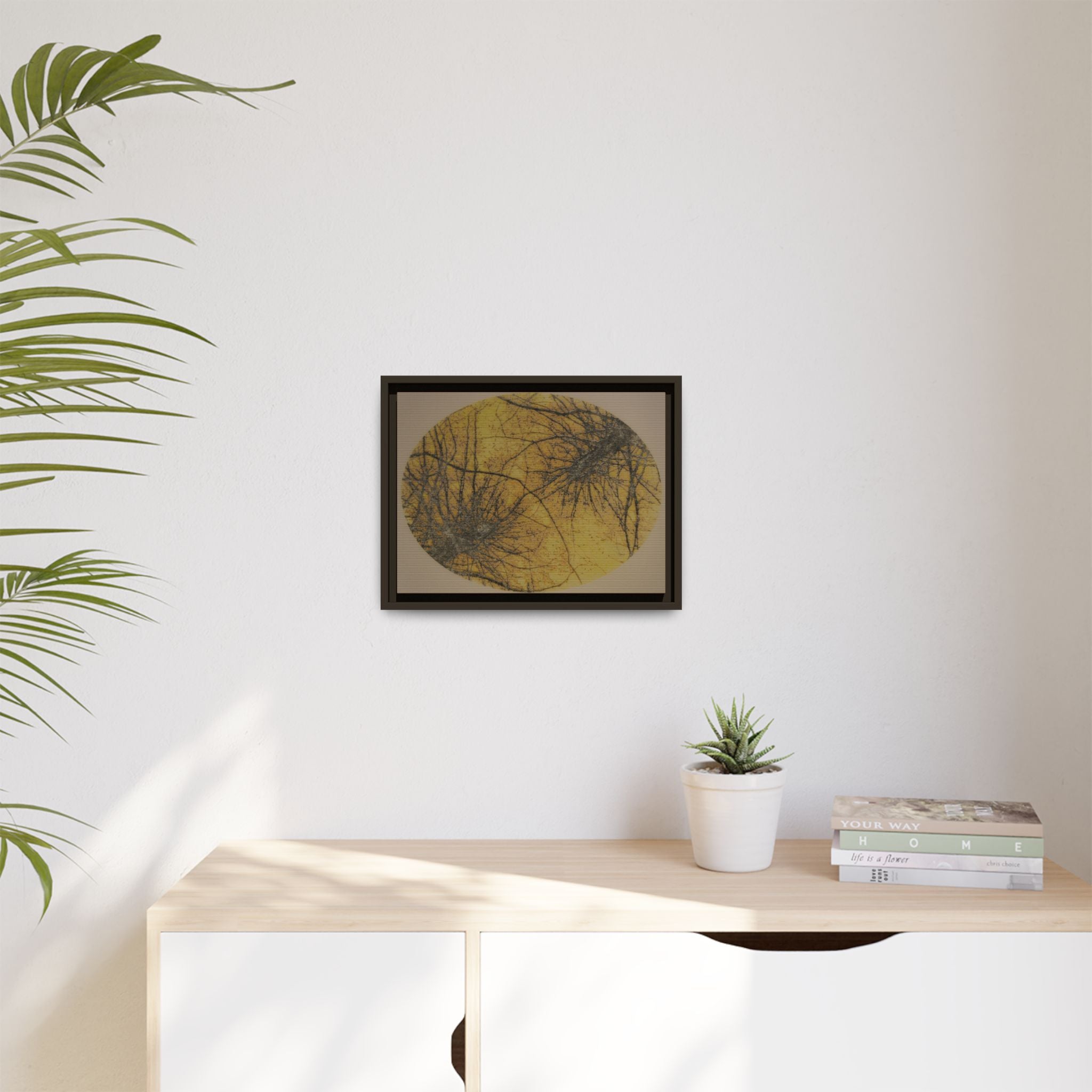 Framed Matte Canvas Art, no 45 — Twin Tree Wood-Carving Reproduction (Black, Bold Gold & Matte Goldenrod)