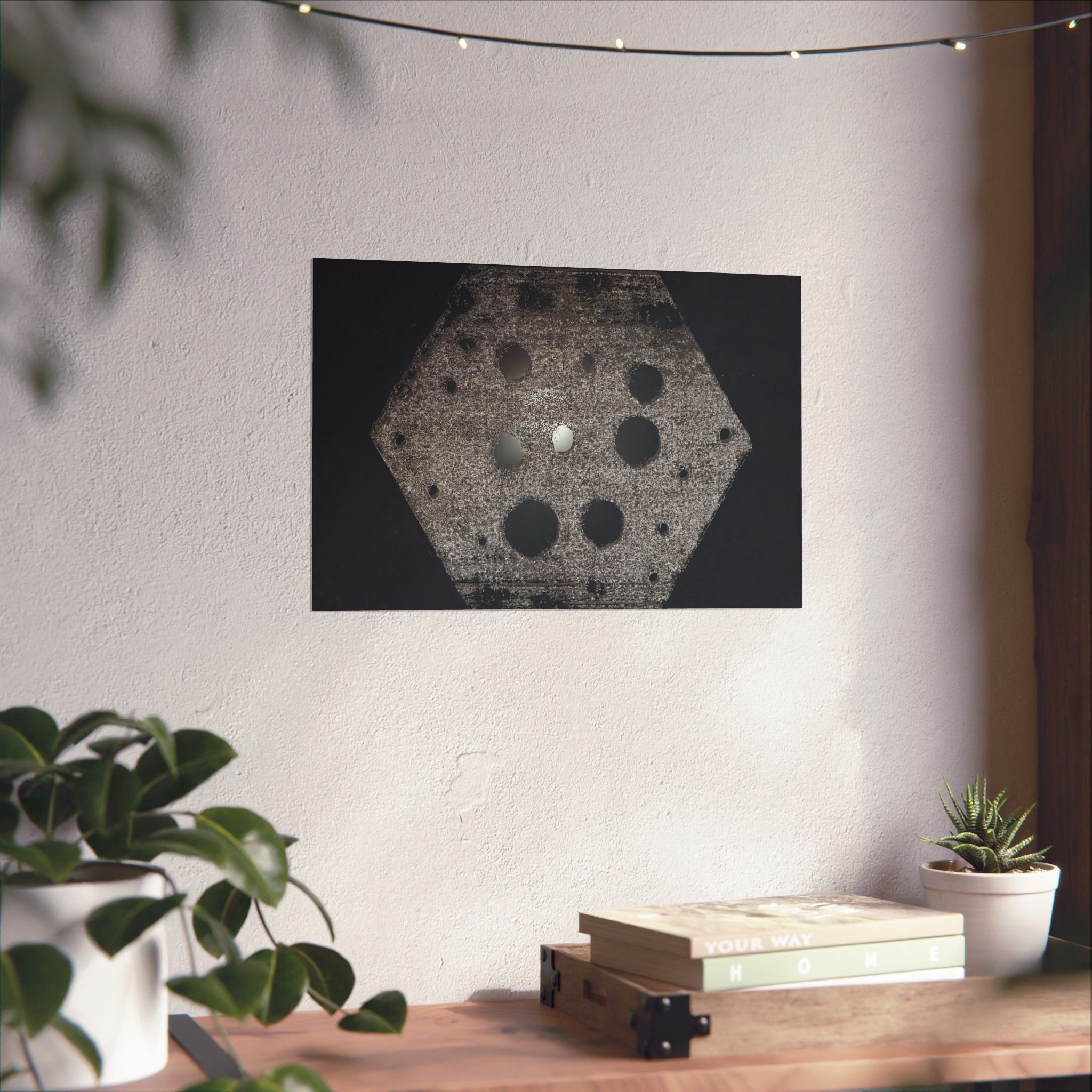 Abstract Hexagon Poster — Minimal Black & Gray Matte Horizontal Wall Art