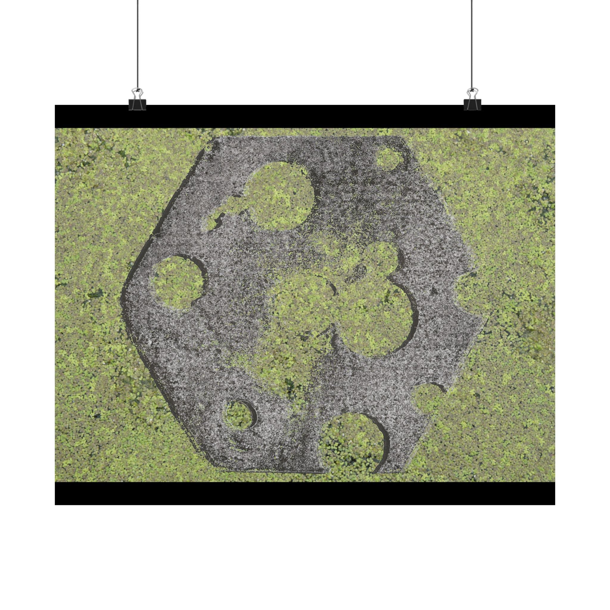 Matte horizontale poster met mosbegroeide maankrater — Botanisch groene maanwanddecoratie 
