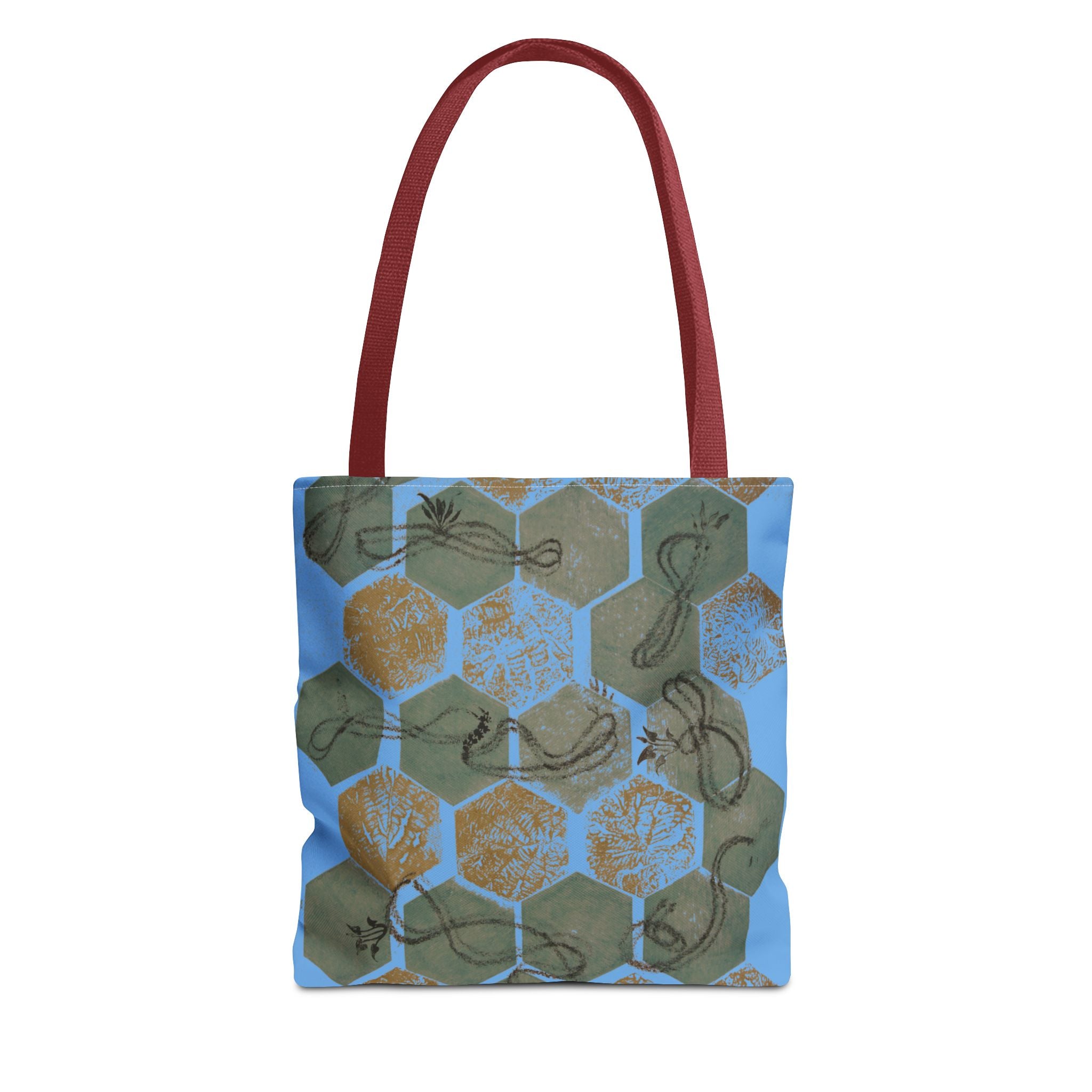 Hexagon Honeycomb Tote Bag — Blue Botanical Pattern AOP