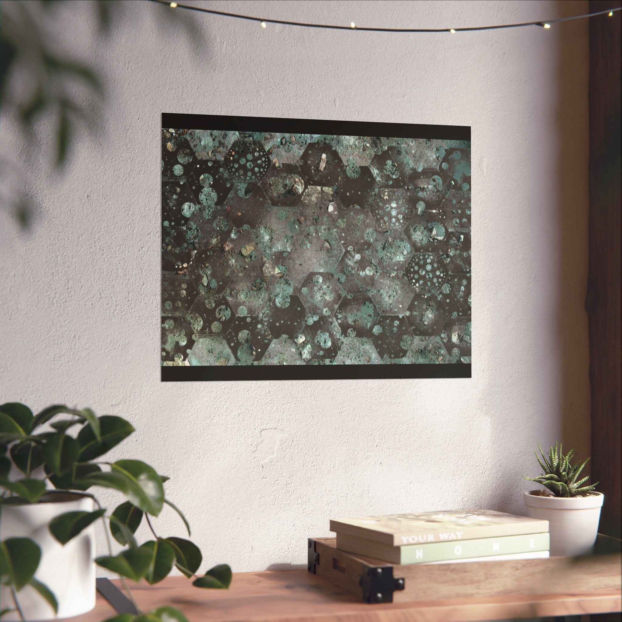 Abstracte zeshoekige poster in aquamatte kleur 