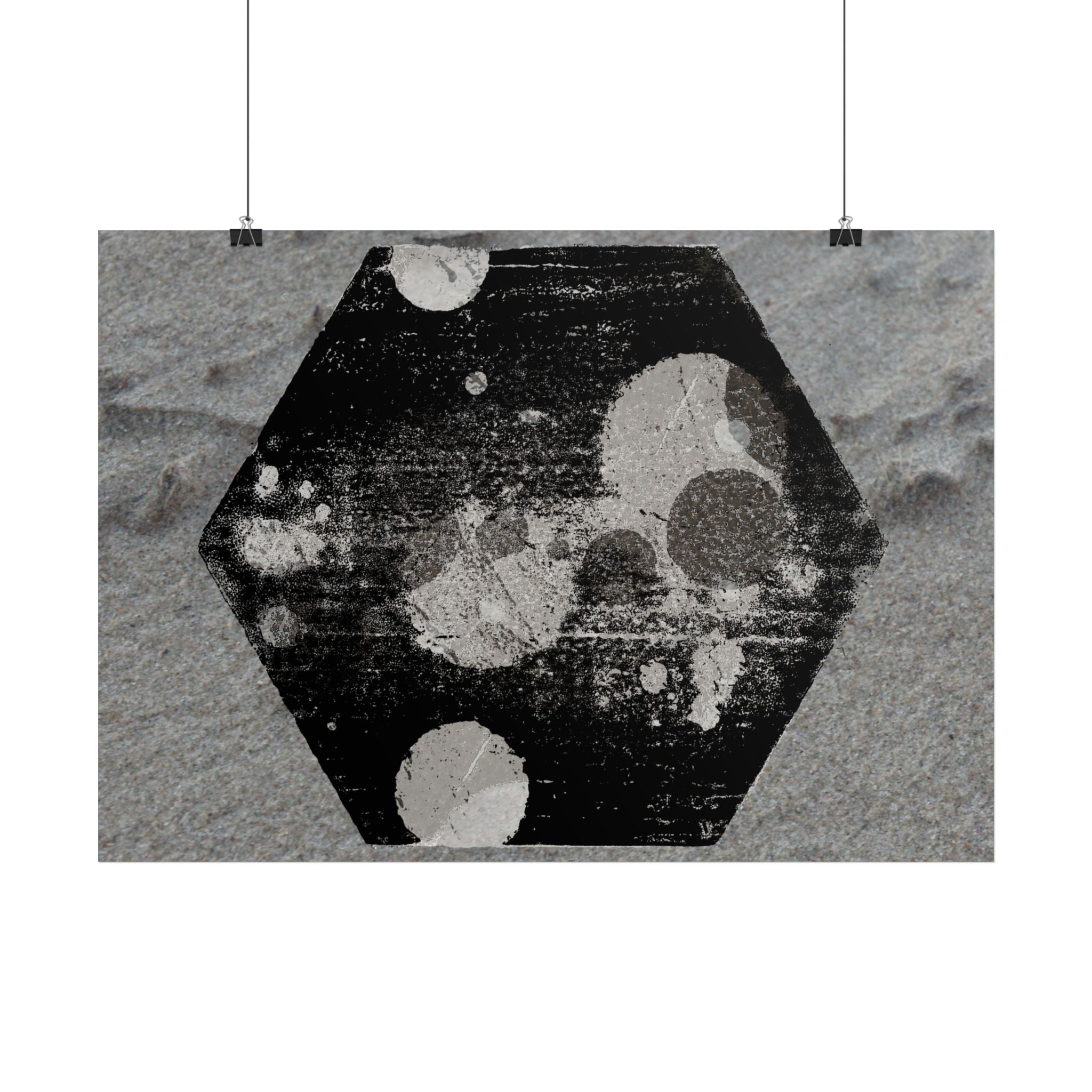 Horizontal Poster — Grunge Hexagon Moonprint (Black & Gray Abstract)
