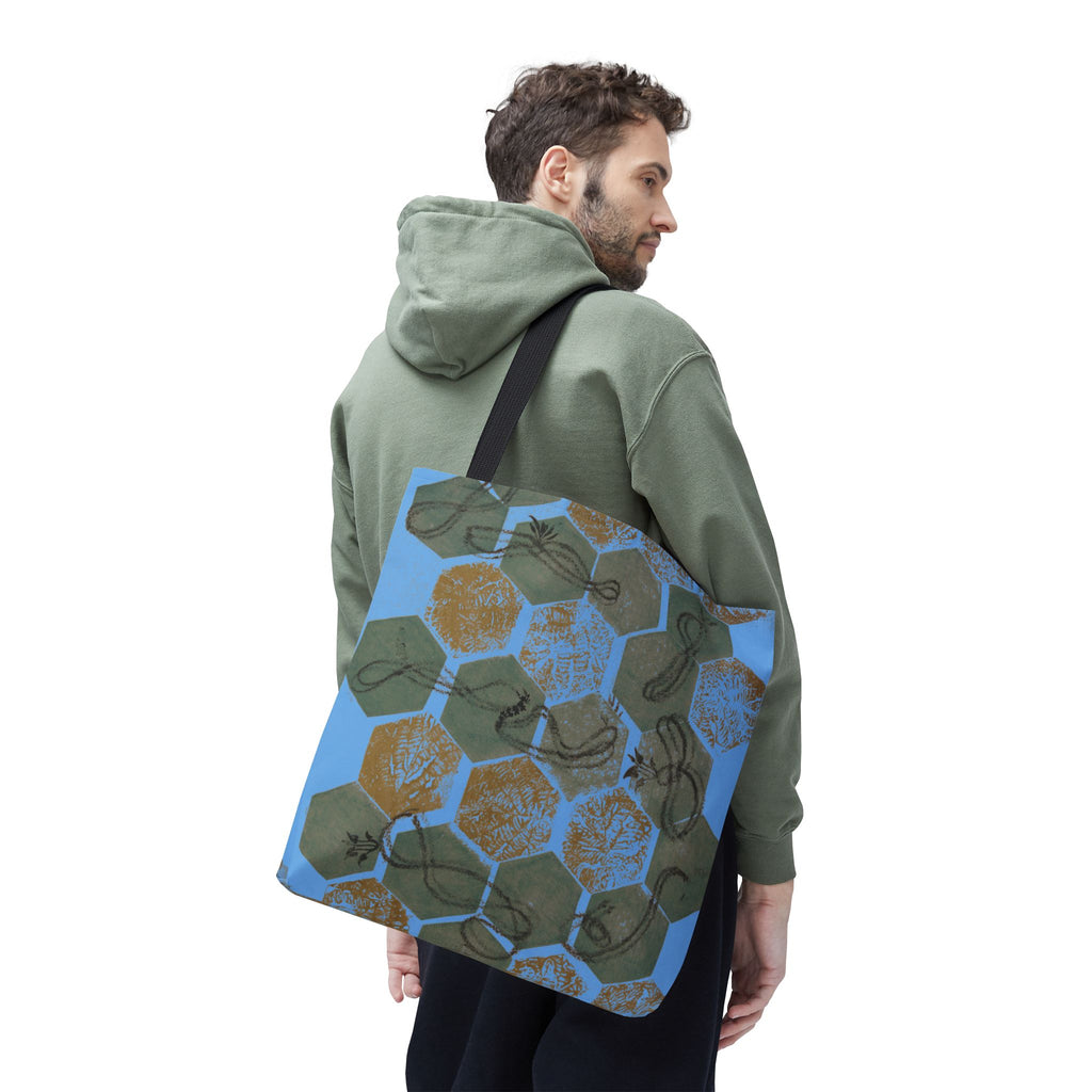 Hexagon Honeycomb Tote Bag — Blue Botanical Pattern AOP