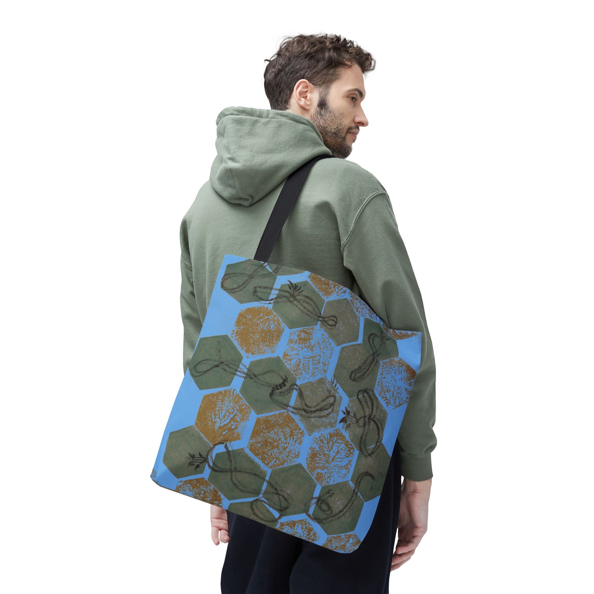 Hexagon Honeycomb Tote Bag — Blue Botanical Pattern AOP