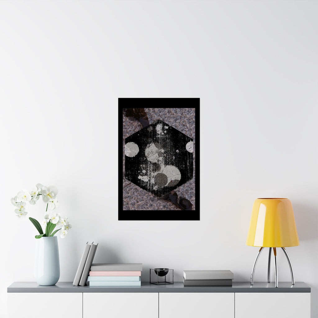 Abstract Hexagon Art Poster — Grunge Black & Gray Matte Vertical Print