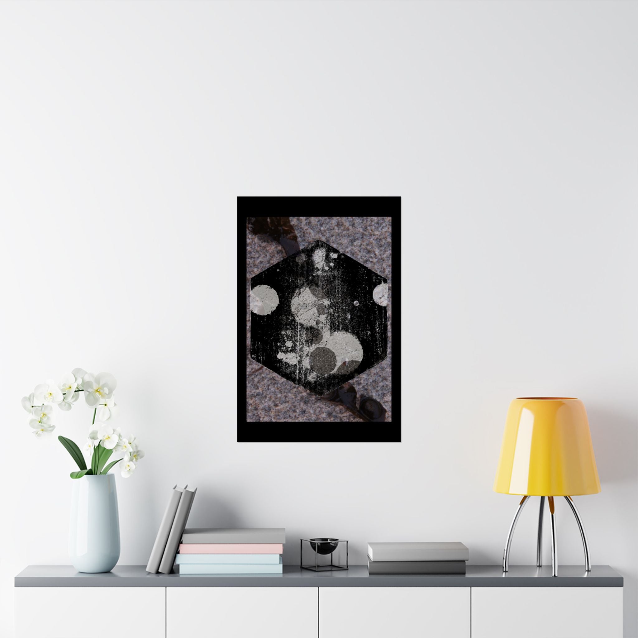 Abstract Hexagon Art Poster — Grunge Black & Gray Matte Vertical Print