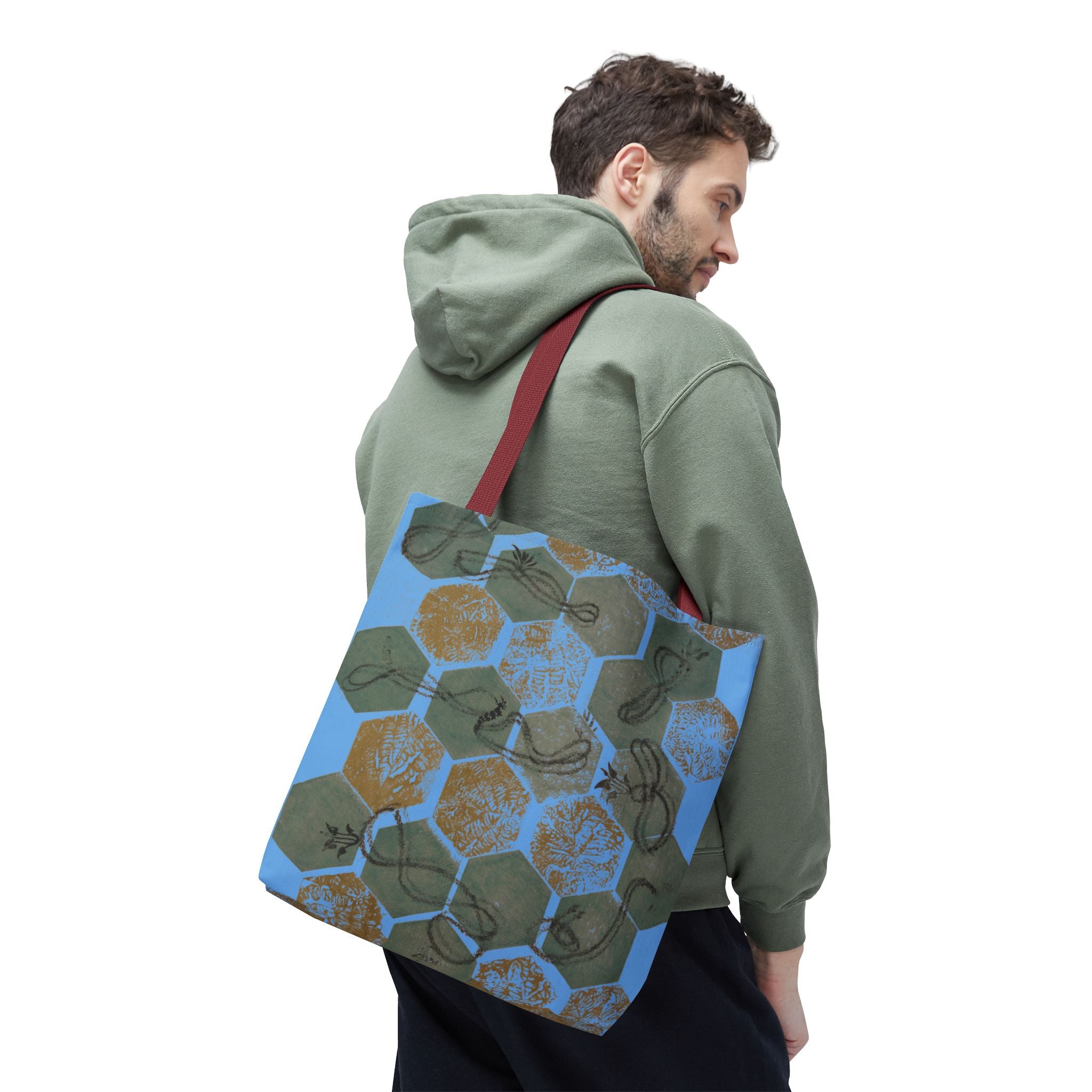 Hexagon Honeycomb Tote Bag — Blue Botanical Pattern AOP