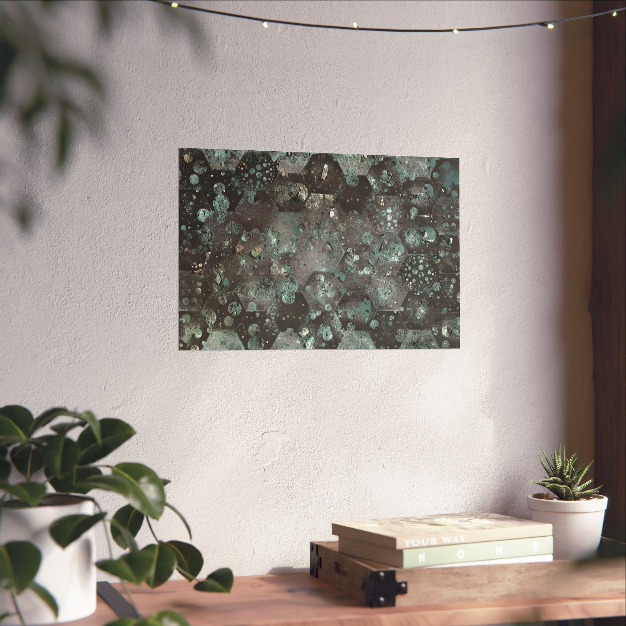 Abstracte zeshoekige poster in aquamatte kleur 