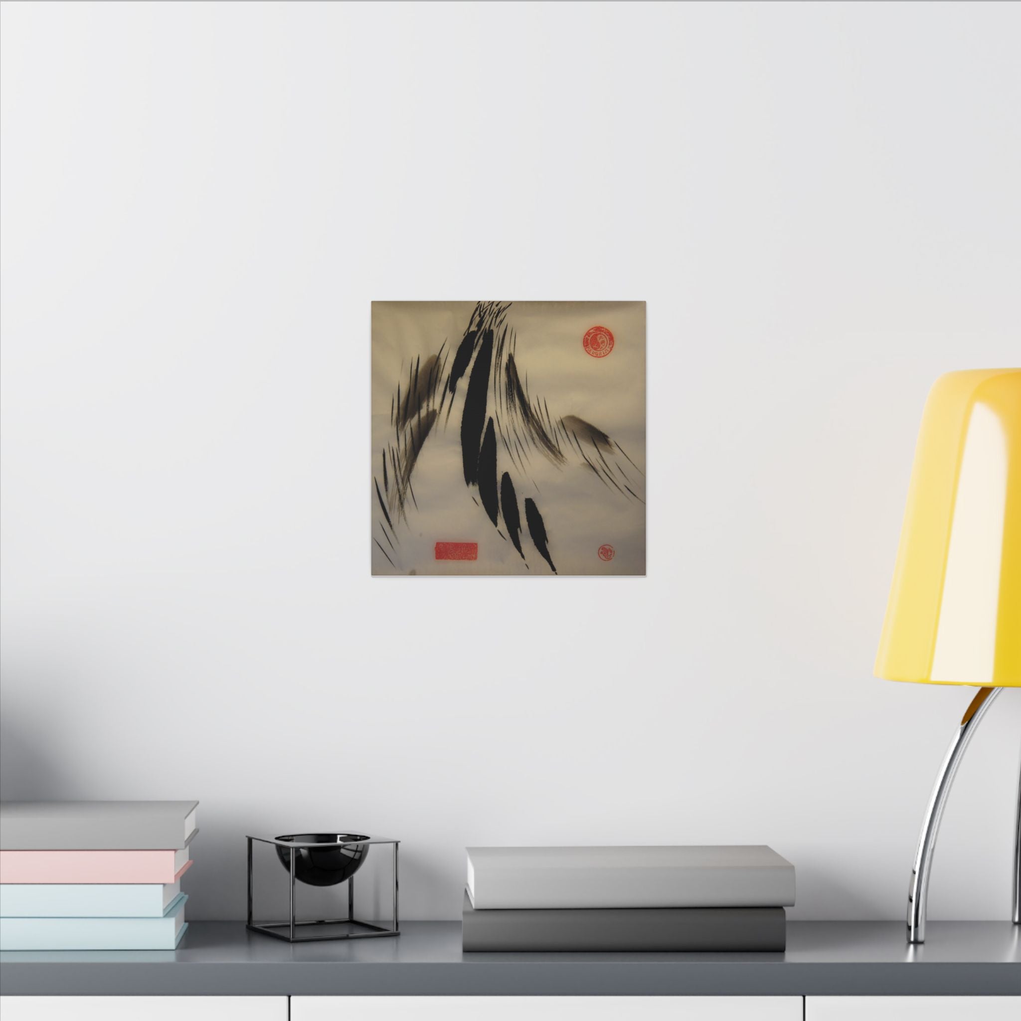Abstracte wanddecoratie op canvas met inktpenseel — minimalistische Aziatische kalligrafiestijl 