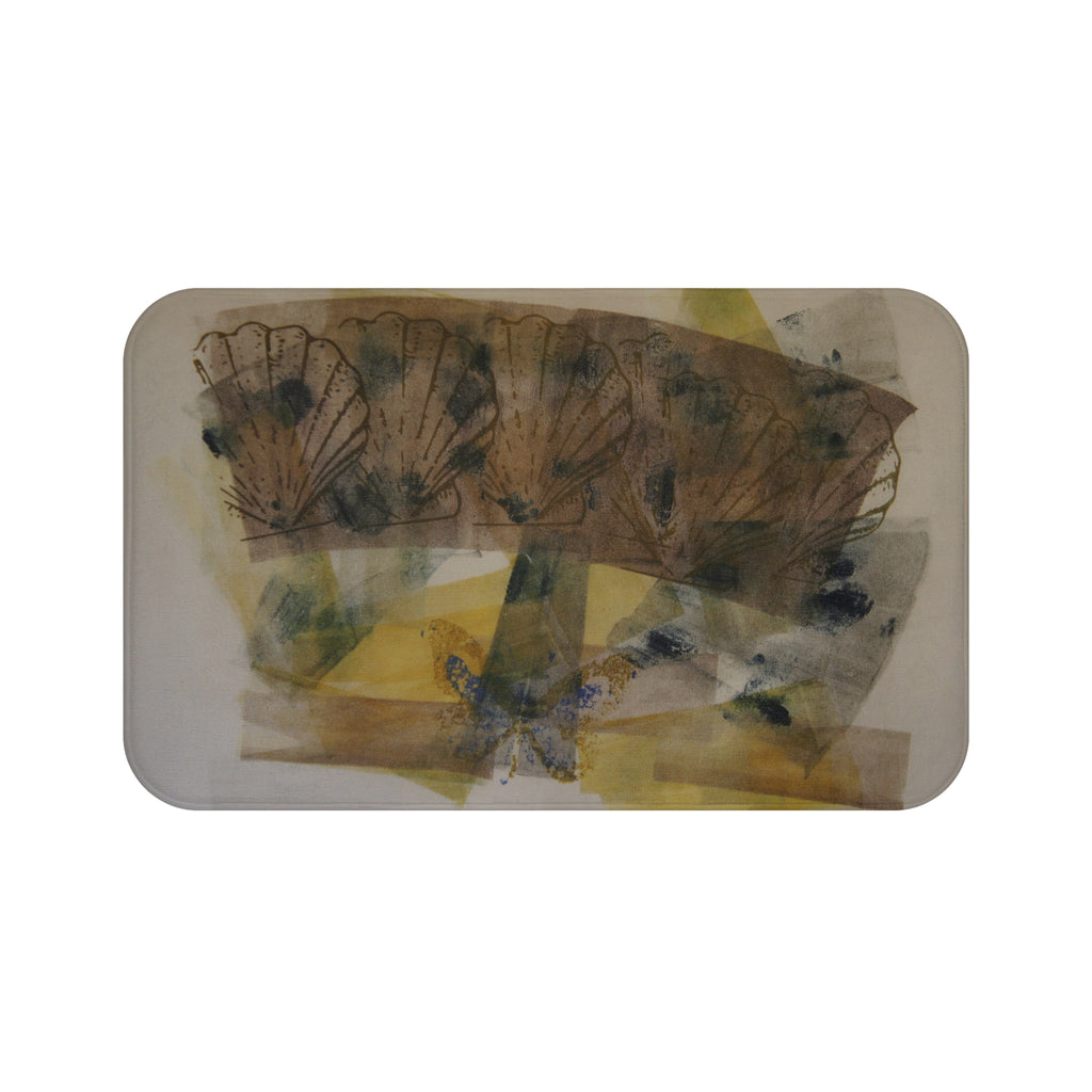 Abstract Botanical Bath Mat — Soft Yellow & Earth Tone Floral Design