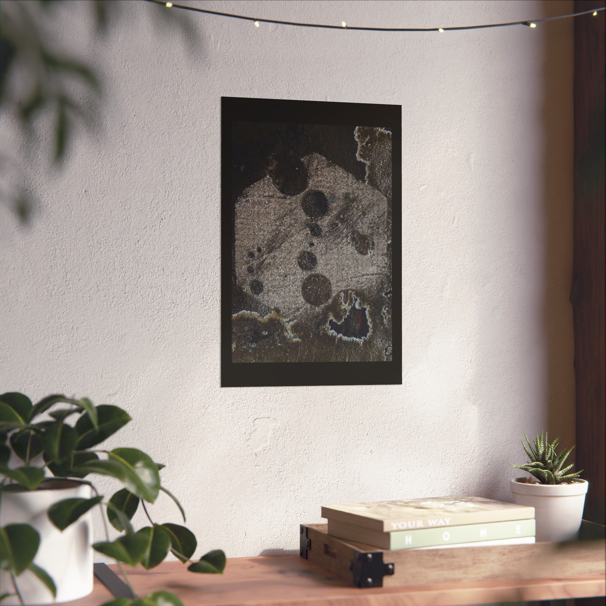 Abstract Grunge Moon Poster — Dark Textured Matte Vertical Wall Art