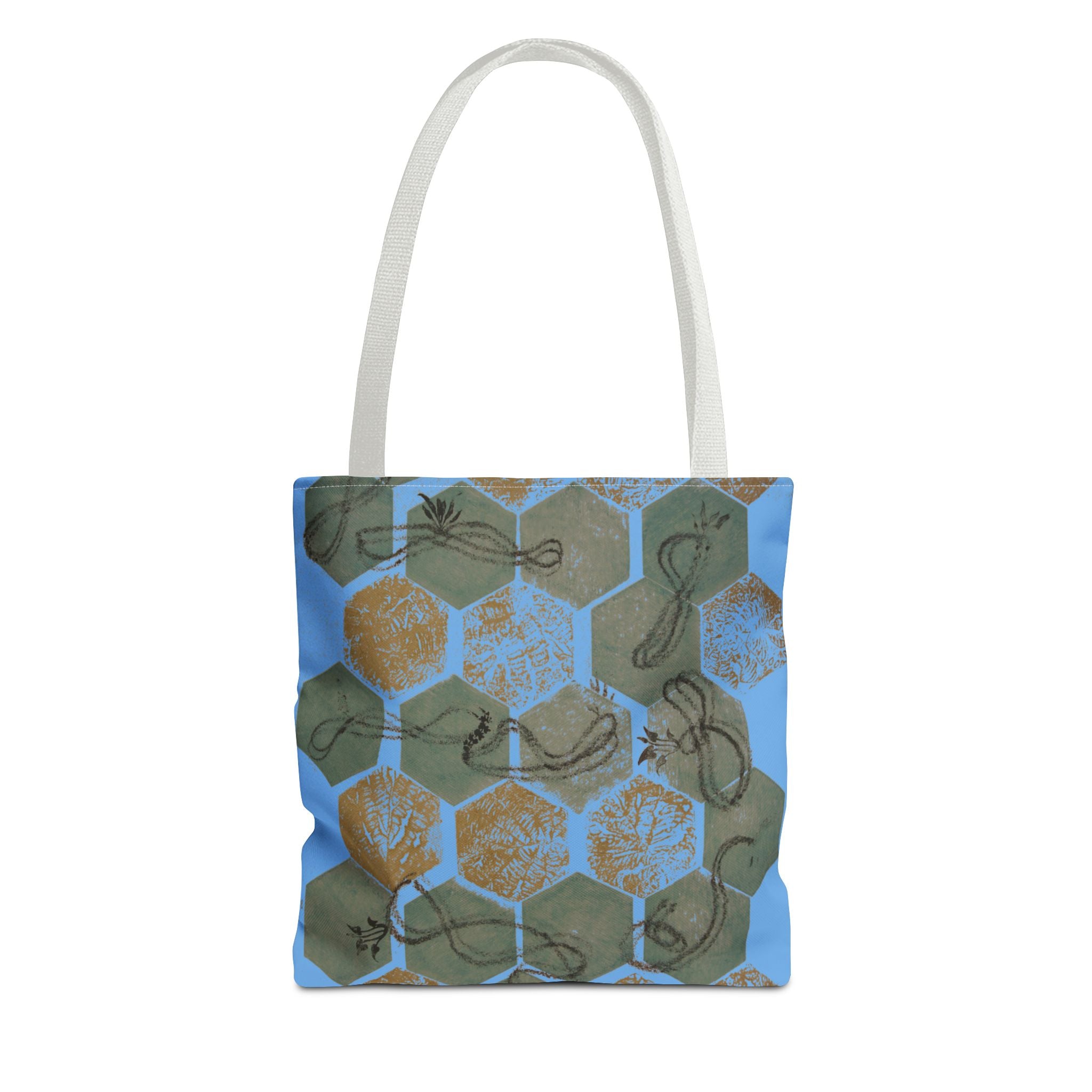 Hexagon Honeycomb Tote Bag — Blue Botanical Pattern AOP