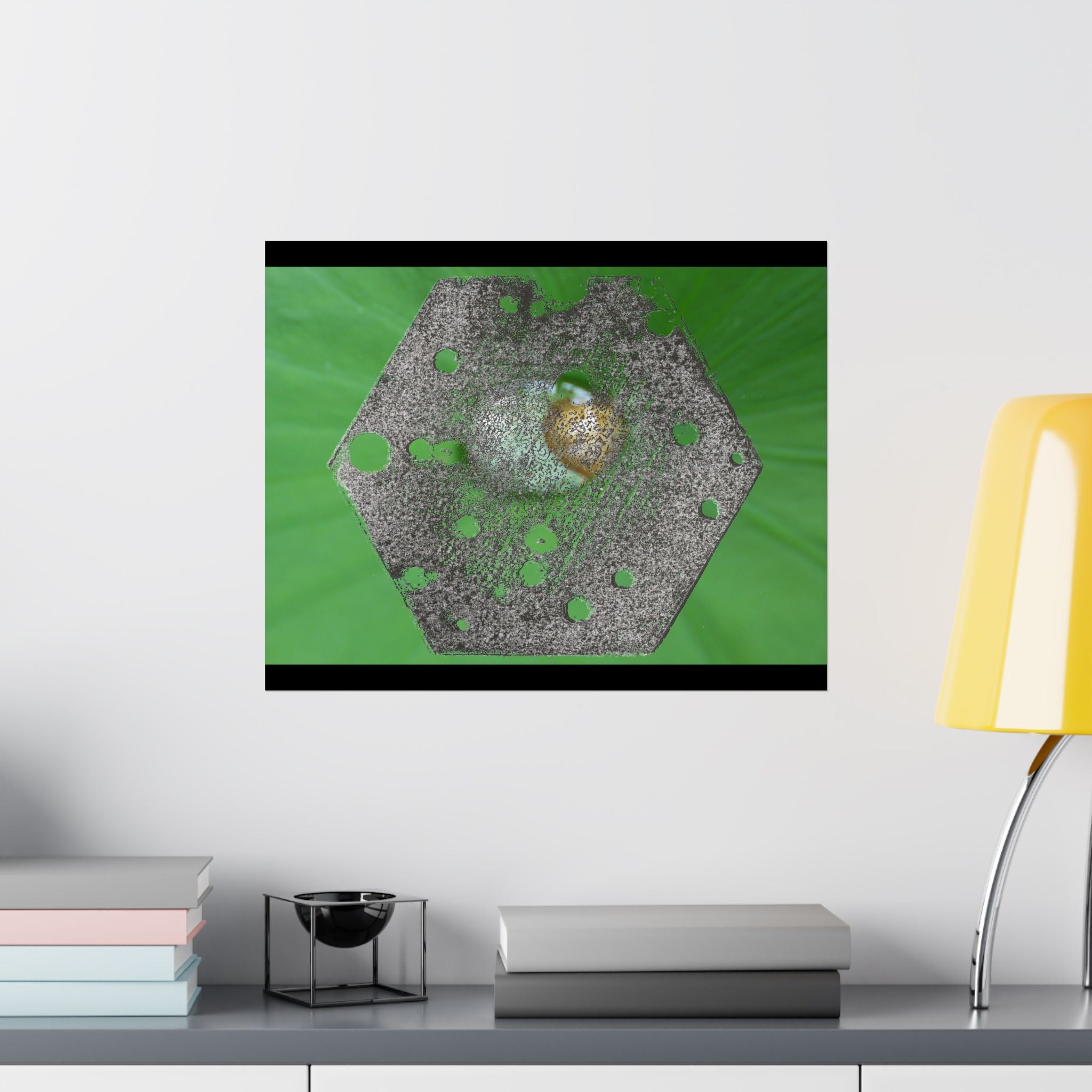 Abstracte zeshoekige metalen textuurposter | Matte horizontale poster, groene organische achtergrond 