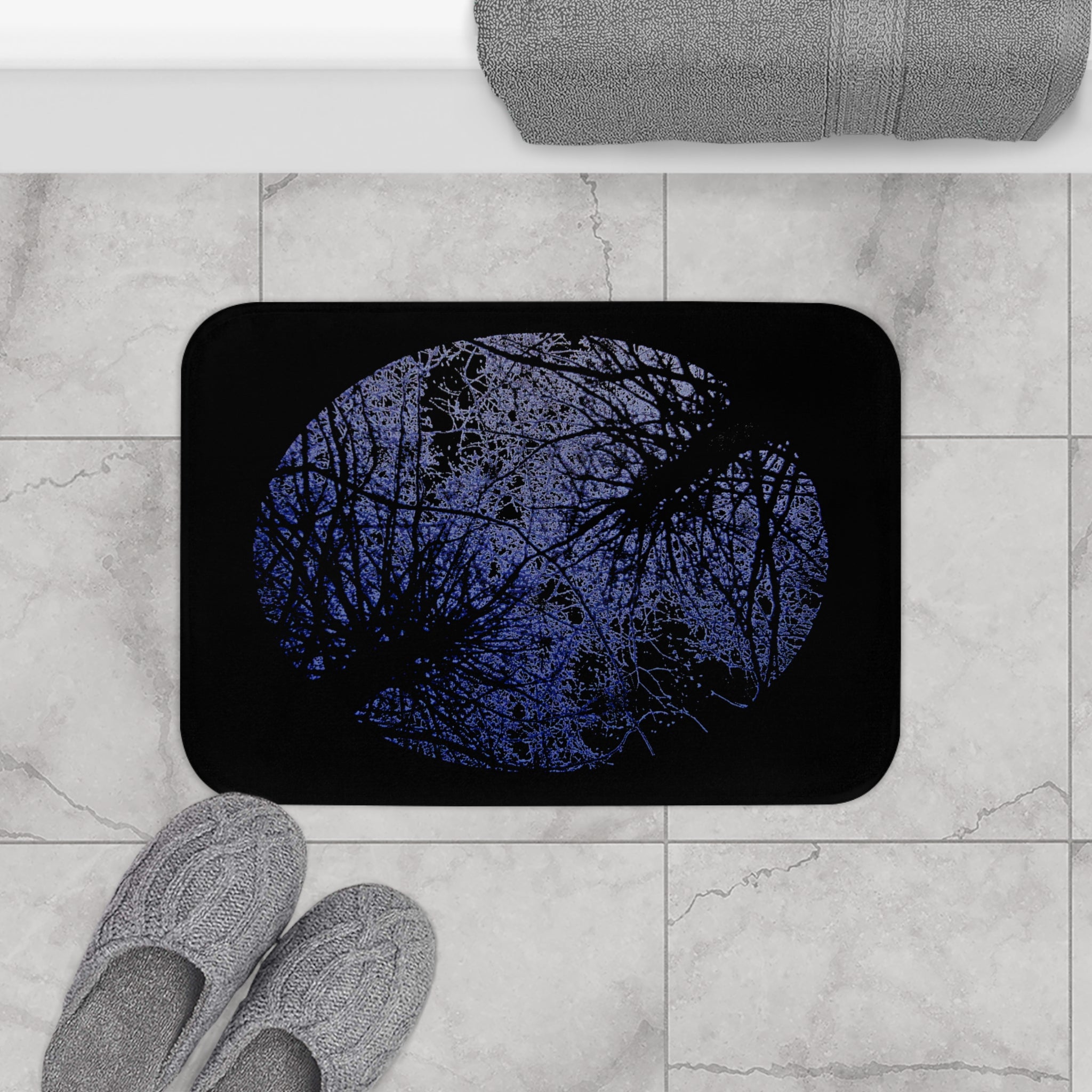 Dark Blue Moon Silhouette Bath Mat — Night Forest Foot Rug